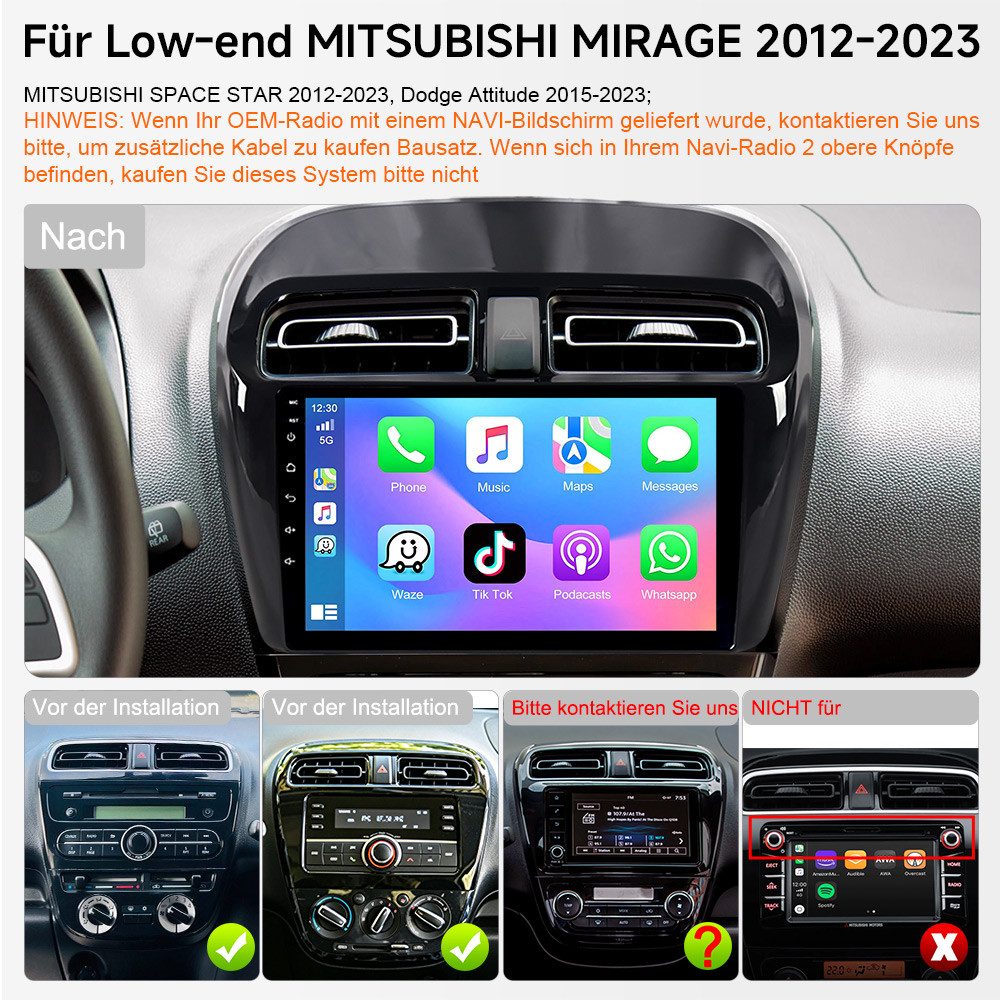 A-Sure 8-Core Für Mitsubishi Mirage Space Star DAB+ CarPlay GPS Android 15 Autoradio (Digitalradio (DAB), Carplay Android Auto Bluetooth EQ USB GPS Navi WIFI Touchscreen)