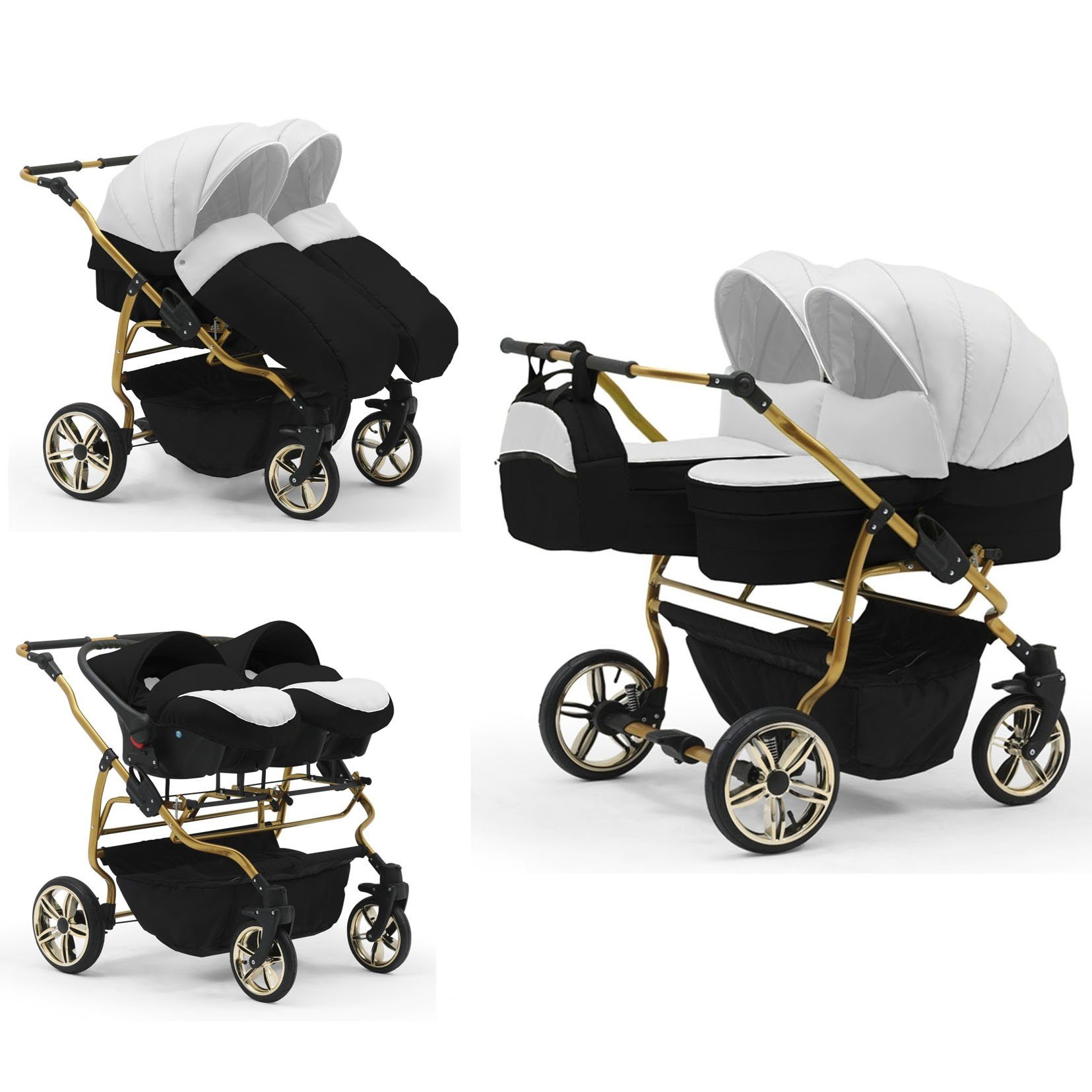 babies-on-wheels Zwillingswagen Duet Lux Gold 3 in 1 inkl. Autositze - 13 Teile - in 33 Farben Weiß-Schwarz