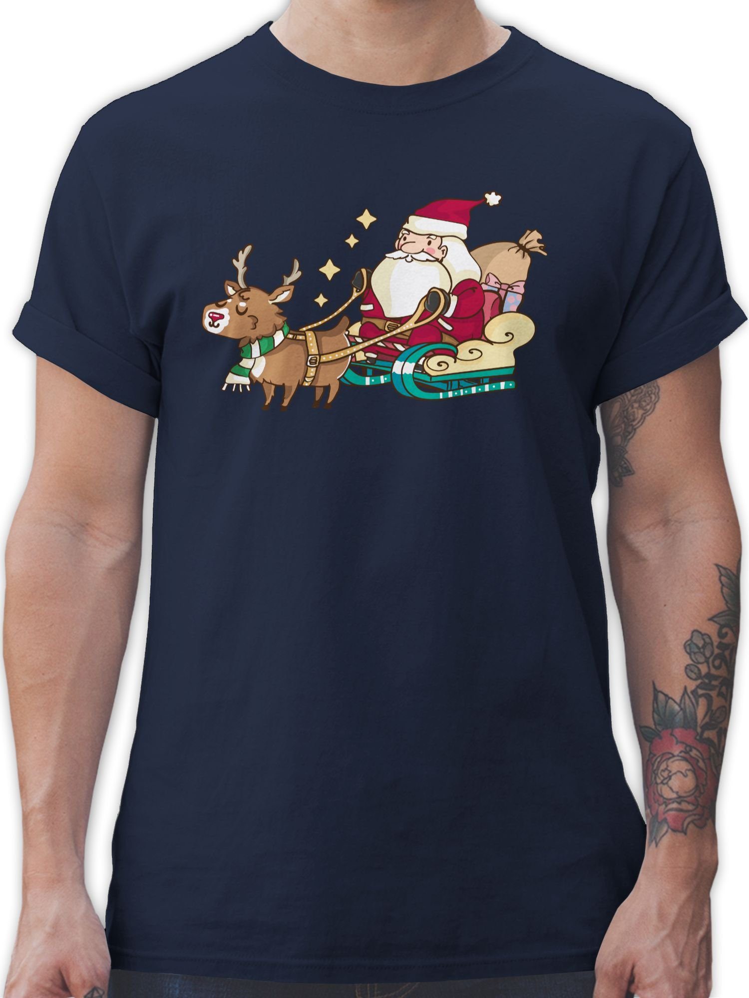 Shirtracer T-Shirt Weihnachtsmann mit Rentier Weihachten Kleidung 2 Navy Blau