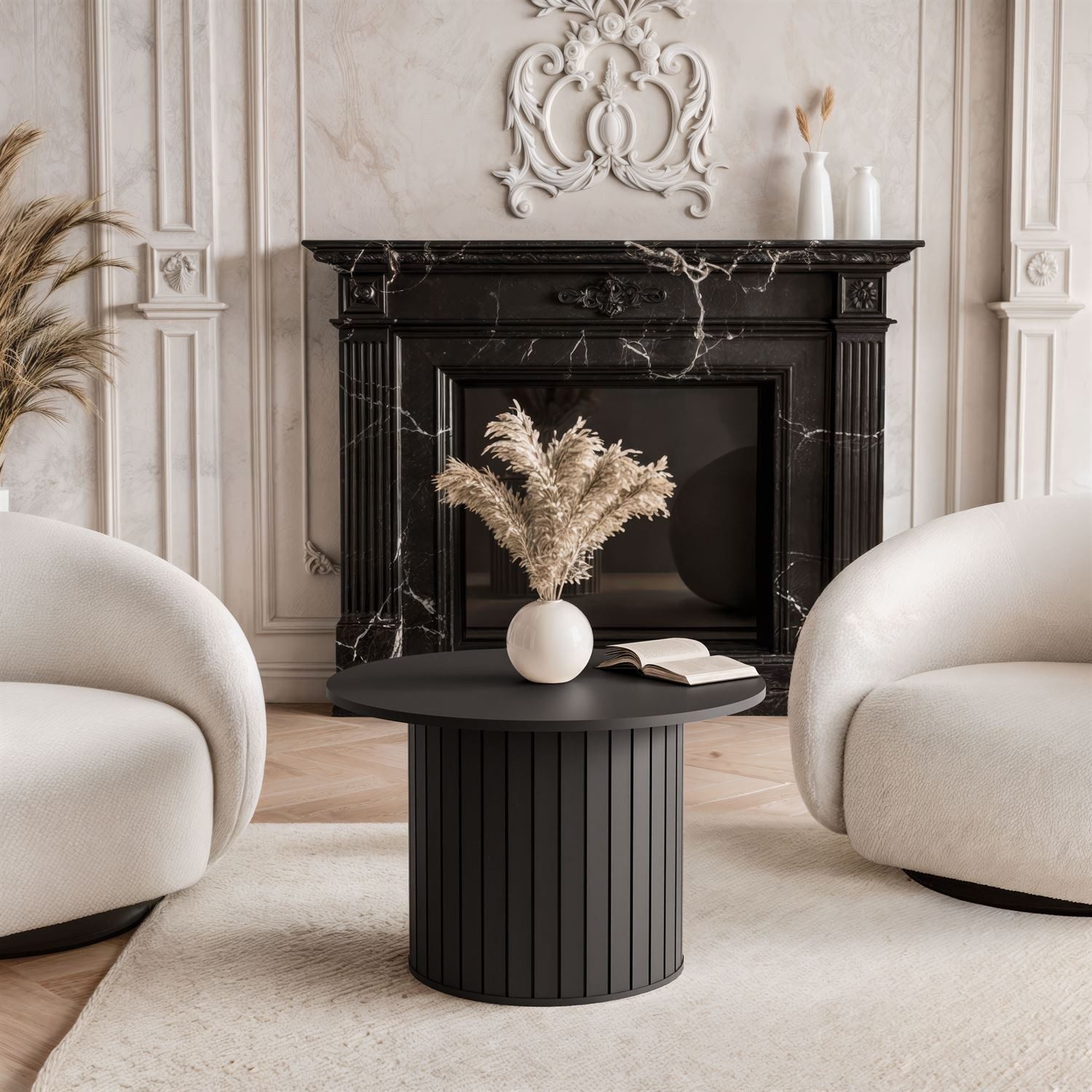 yourhouse24 Couchtisch LINNEA Rund Ø70cm Säule Lamellen Kaschmir/Schwarz (1 günstig online kaufen