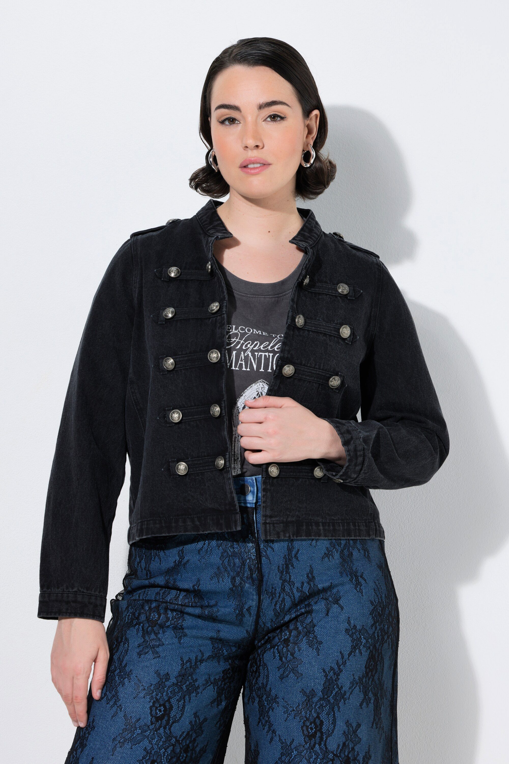Ulla Popken Jeansjacke Military-Jeansjacke Stehkragen Schulterklappen