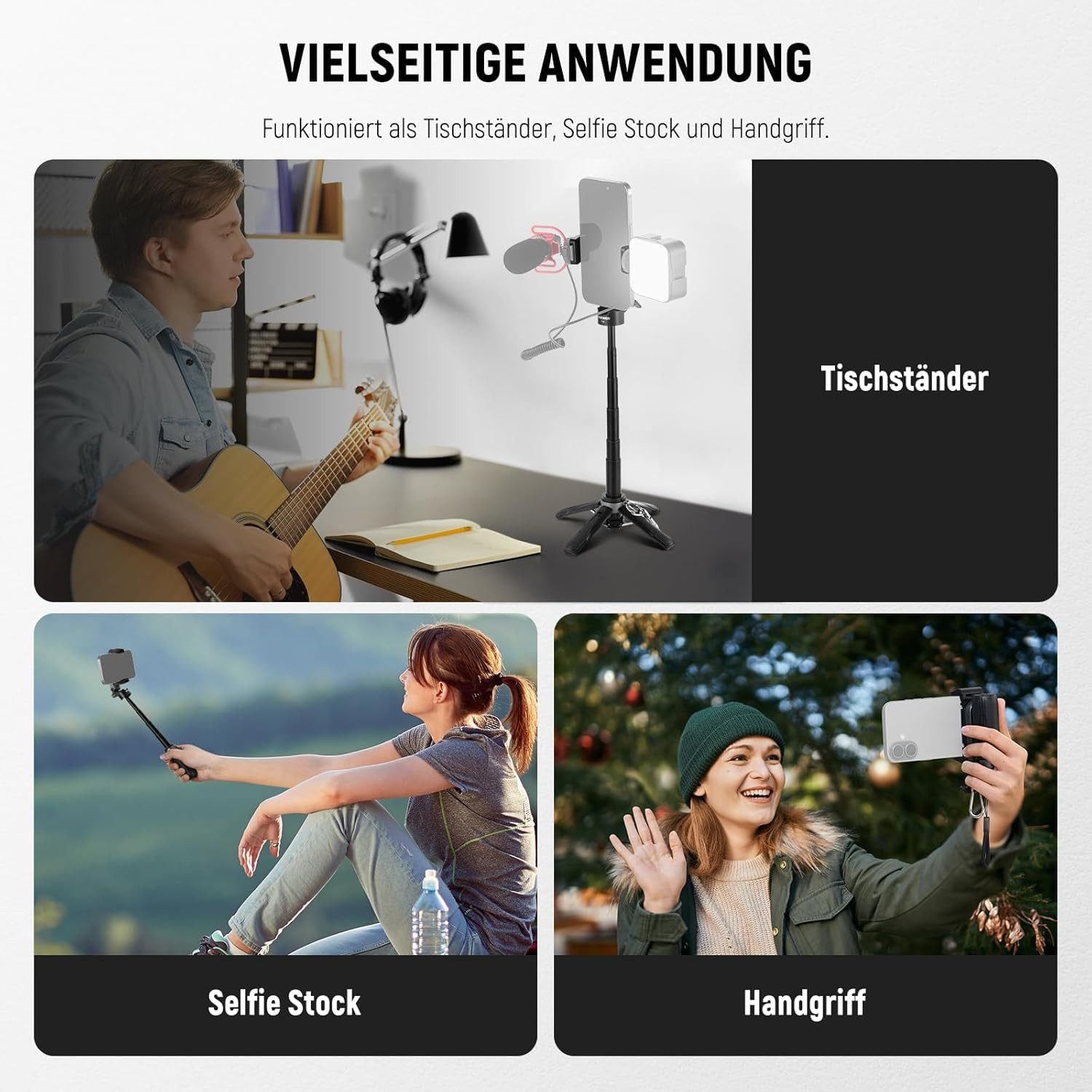 Neewer Selfie-Stick P15 Selfie Stick mit Bluetooth Fernbedienung & Kaltblitzschuh, 360° Handy Halterung, leichtes, faltbares Reisestativ für iPhone Vlogs