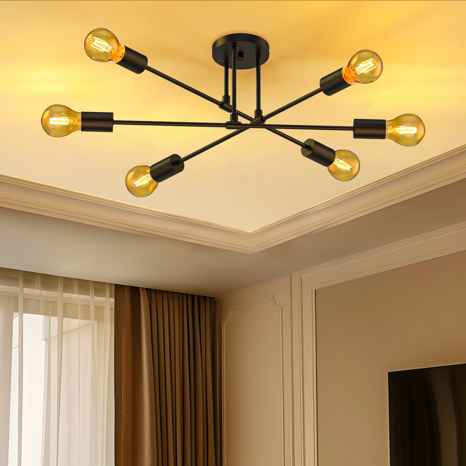 Lujasi LED Deckenleuchte Vintage Deckenlampe Schwarz, 6 Flammig Wohnzimmerl günstig online kaufen