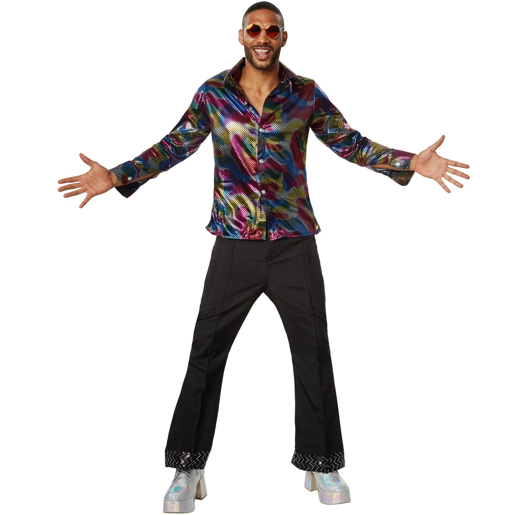 dressforfun Hippie-Kostüm Tänzer/Sänger, in bunt, Gr. XL, Langarmhemd aus buntem Glanzstoff, Zweiteiliges Kostüm im Disco-Outfit, Luftig und leicht zu tragen