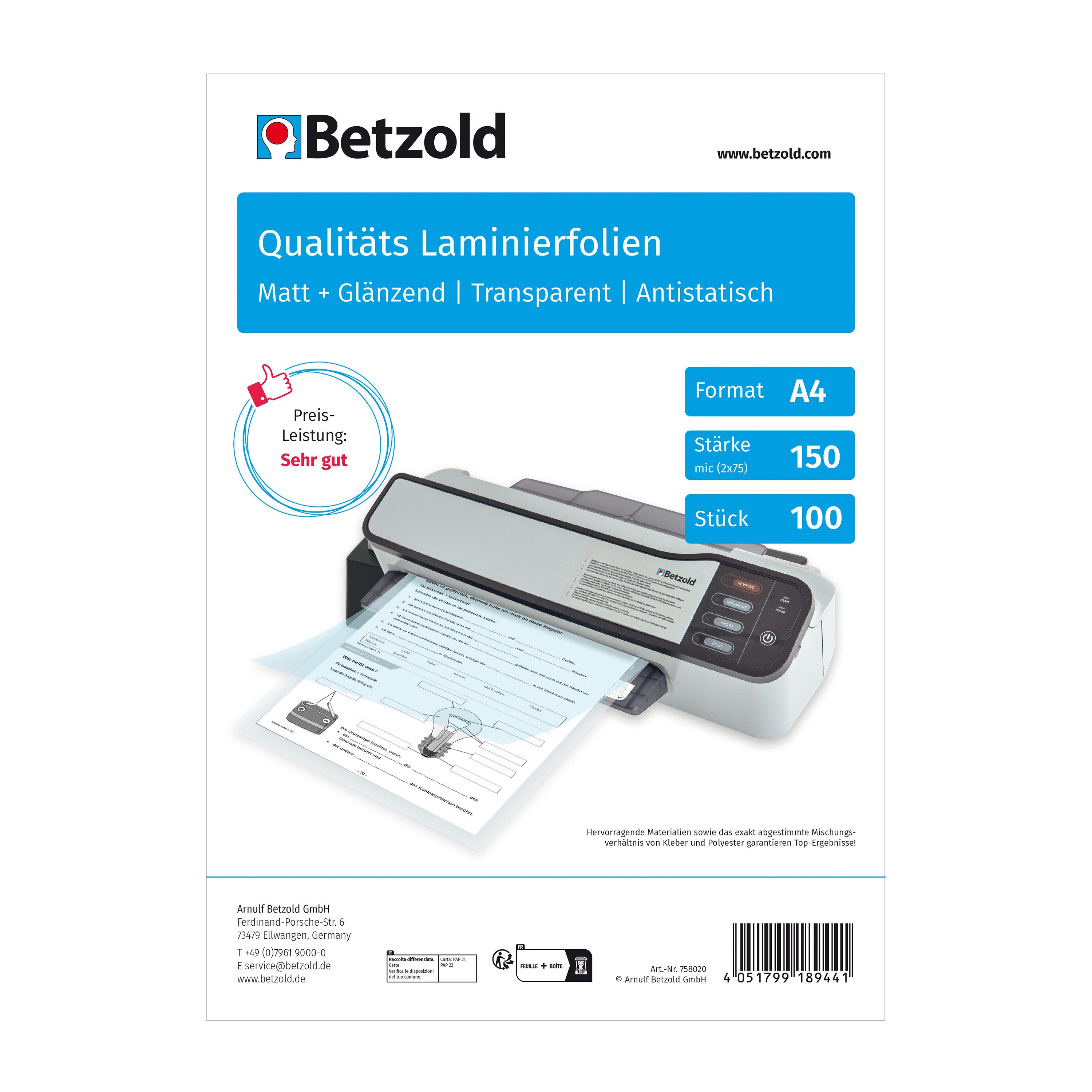 Betzold Schutzfolie Laminierfolien DIN A4, 100 Stück – Schutzfolien Dokumente