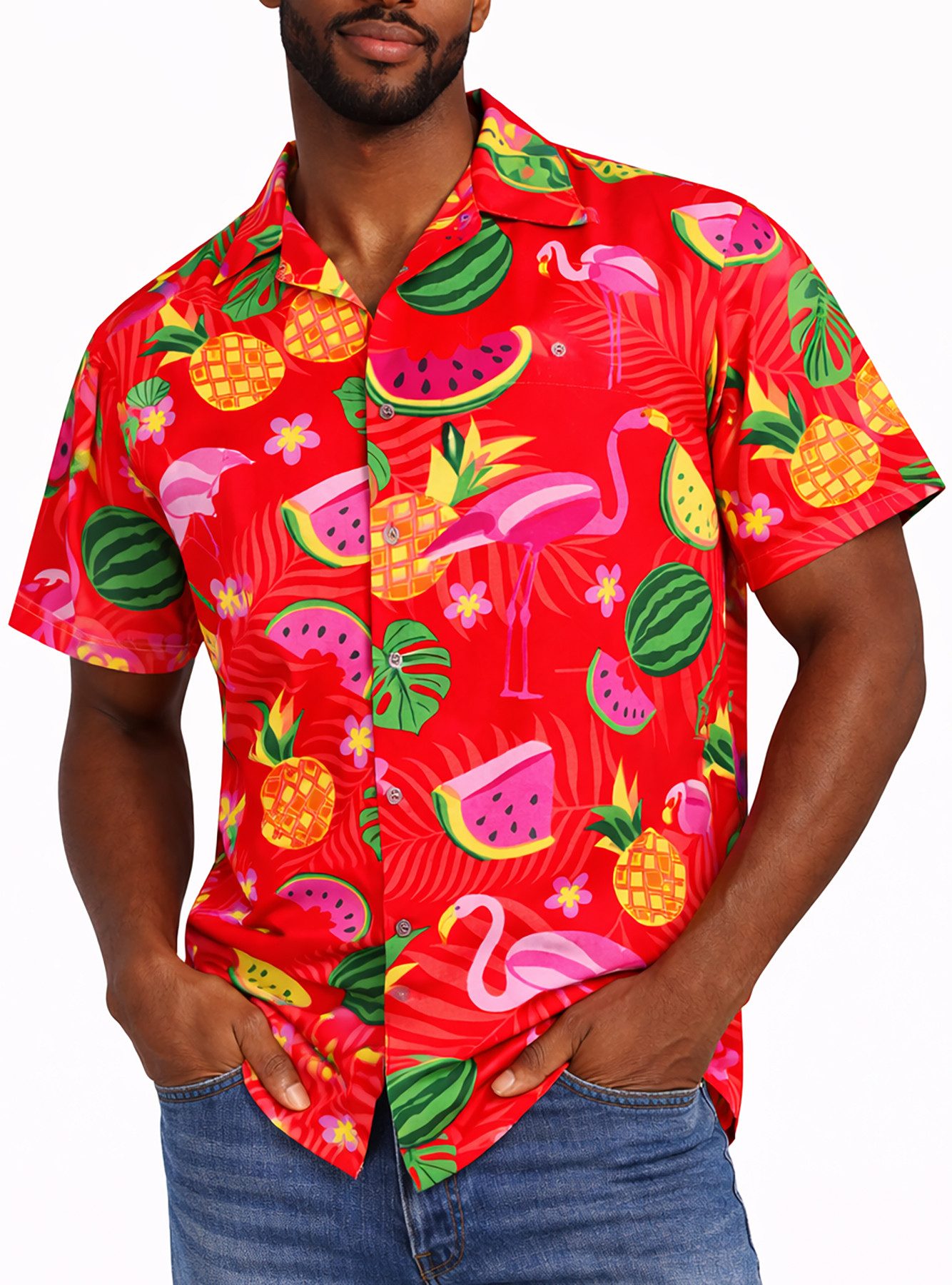 King Kameha Hawaiihemd "Flamingo Melone" Funky Hawaiihemd Herren Kurzarm Fronttasche Stylish