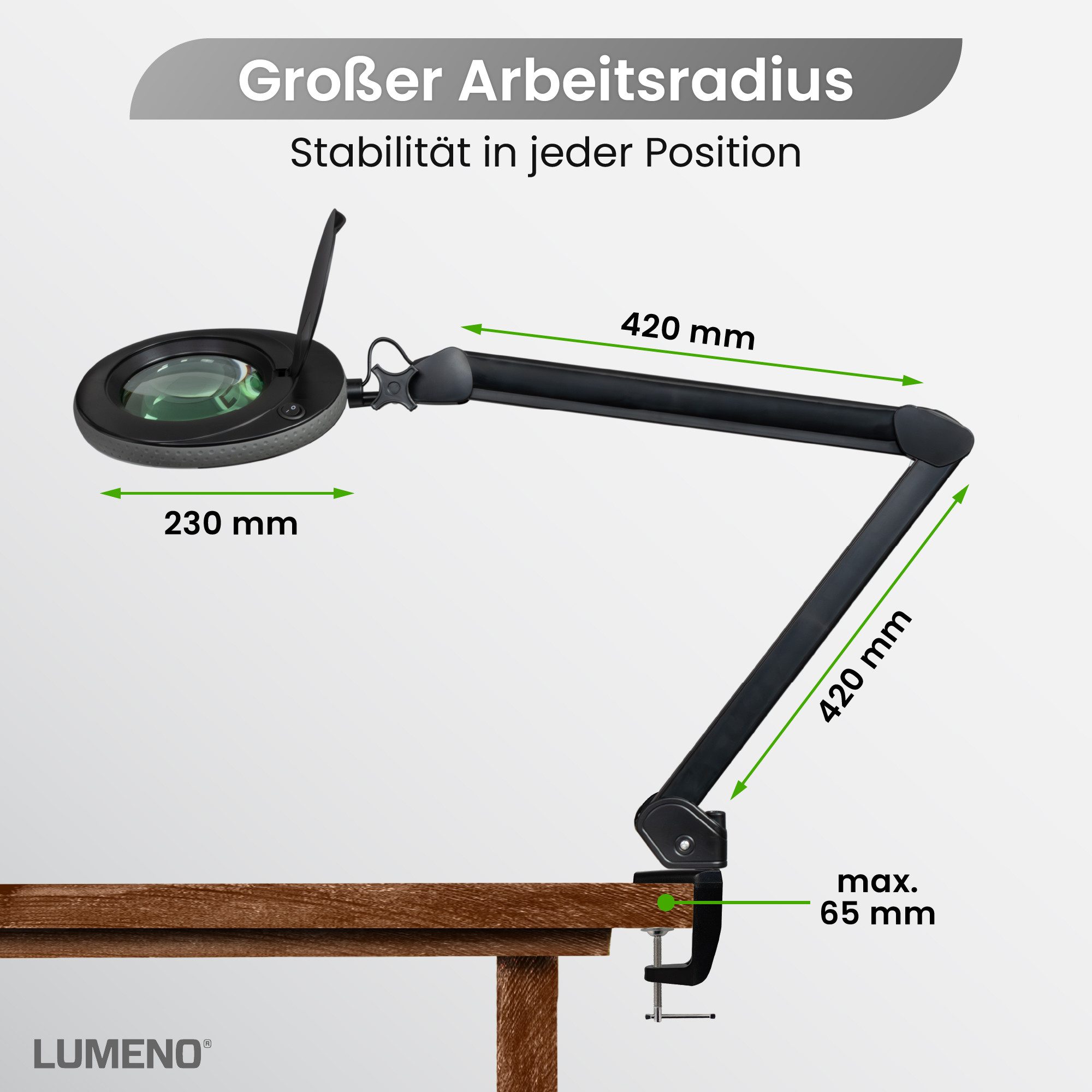 Lumeno Lupenlampe 721X LED Lupenleuchte CRI>90 mit Tischklemme und 127 mm Echtglaslinse, LED fest integriert, Kaltweiß, 6500 K, LED Leuchte