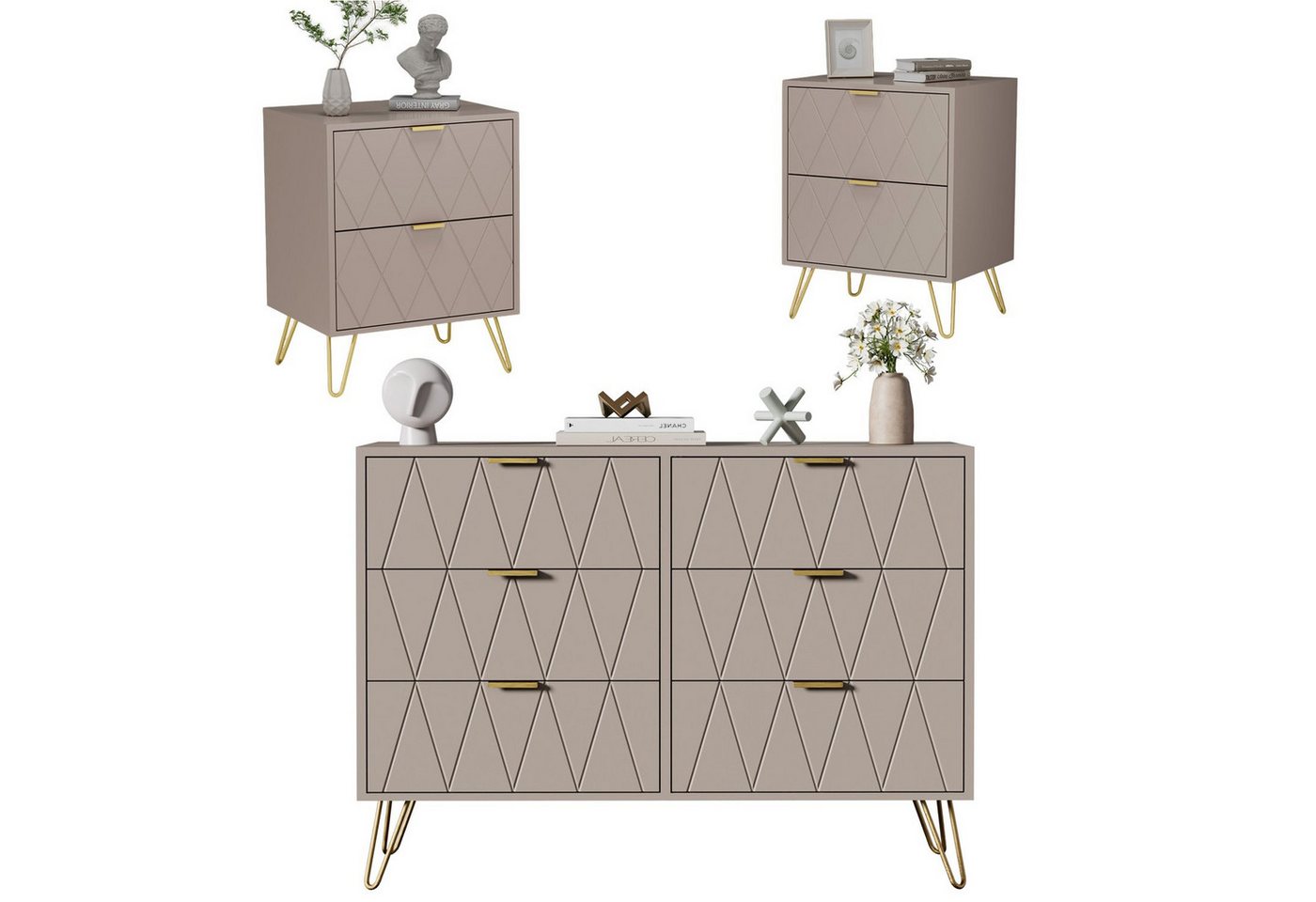 UEV Schlafzimmer-Set, 3er-Set Schlafzimmermöbel, Sparset Jugendzimmer-Set, (Kommode mit 6 Schubladen und 2er-Set Nachttisch, Modern Linienmuster, Skandinavisch Goldene Griffe und Füße), Schublade mit Soft-close, Sideboard mit Kisppschutz