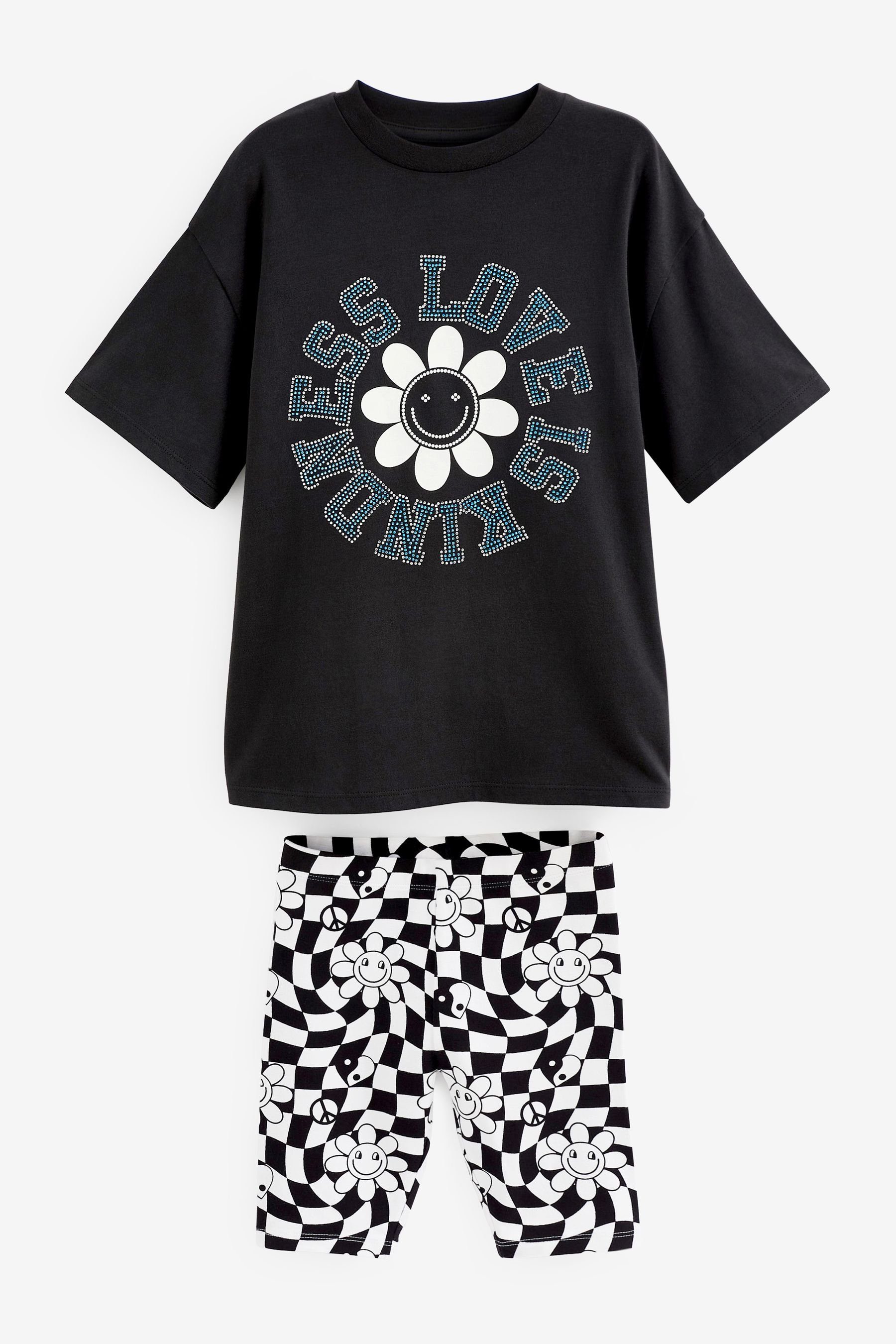 Flower & Oversized-T-Shirt Rhinestone Next Black/Blue (2-tlg) T-Shirt Shorts mit Set Radlerhose und