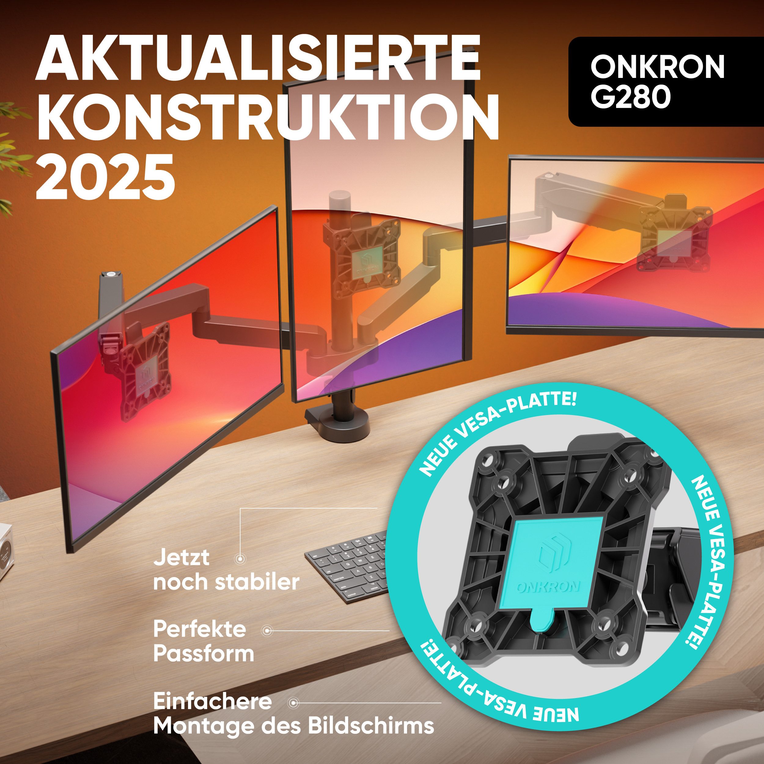 ONKRON Monitor-Halterung 13-32 Zoll, bis 8 kg pro Arm, VESA 75x75-100x100, G280-B, (bis 32 Zoll, neigbar, schwenkbar, drehbar, Gasdruckfeder, Kabelmanagement) – Bild 5 von 5
