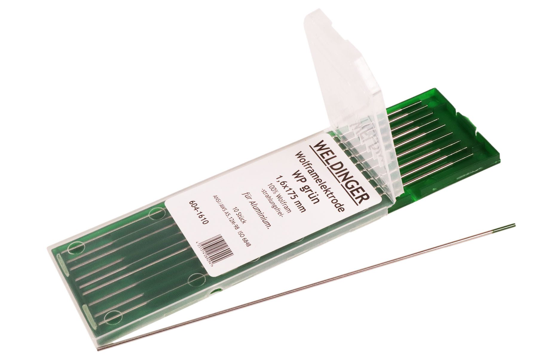 WELDINGER Stabelektroden WIG-Wolframelektrode WP-grün 1,6x175 mm 10er-Box WIG AC Aluminium, reines Wolfram