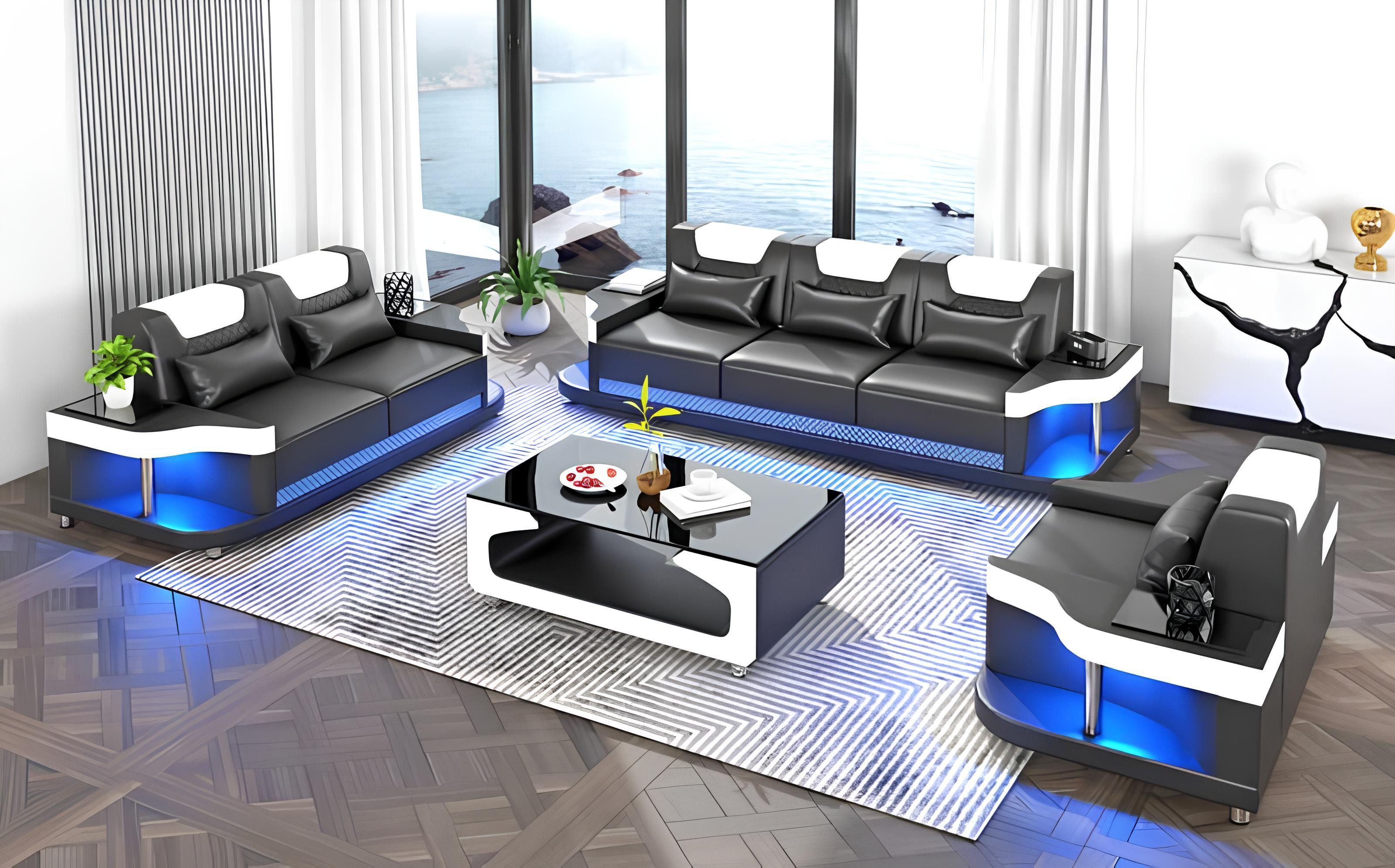 Xlmoebel Polstergarnitur Schwarze Ledersofas mit eleganter Polsterung für Wohnräume, (Sofagarnitur 3+2+1 Sitzer, 3-tlg., Sofagarnitur 3+2+1 Sitzer), Hergestellt in Europa