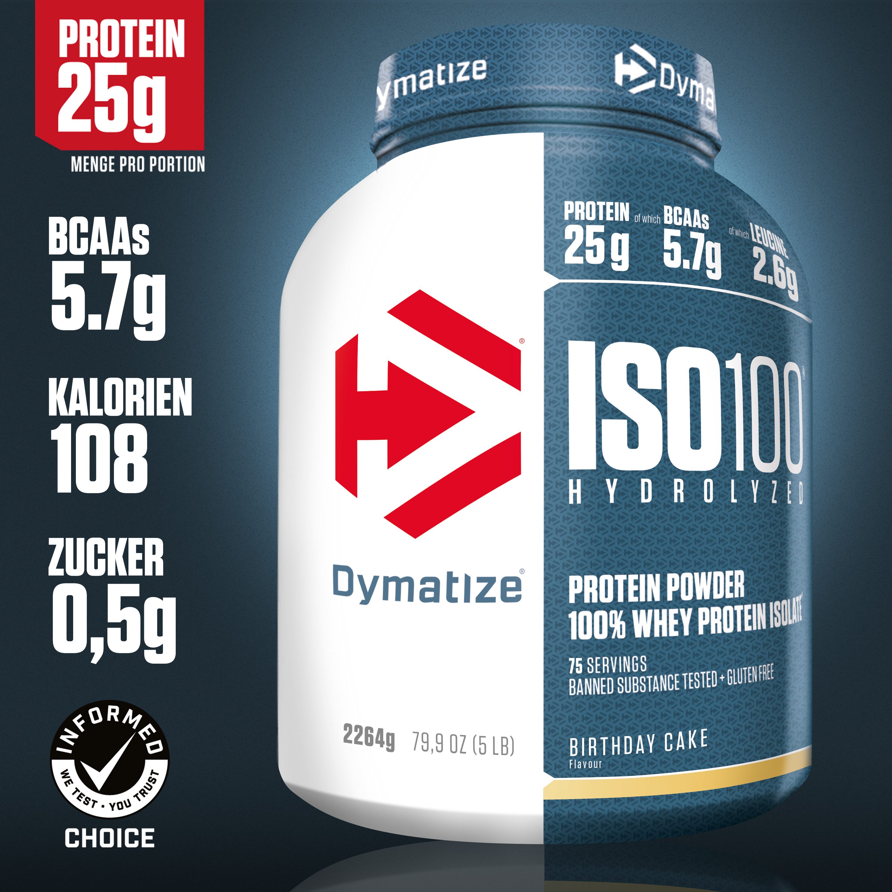 Dymatize Whey Protein Shake Hydrolysat Eiweiß ISO 100 Birthday Cake 2264g Pulver, 2264 g