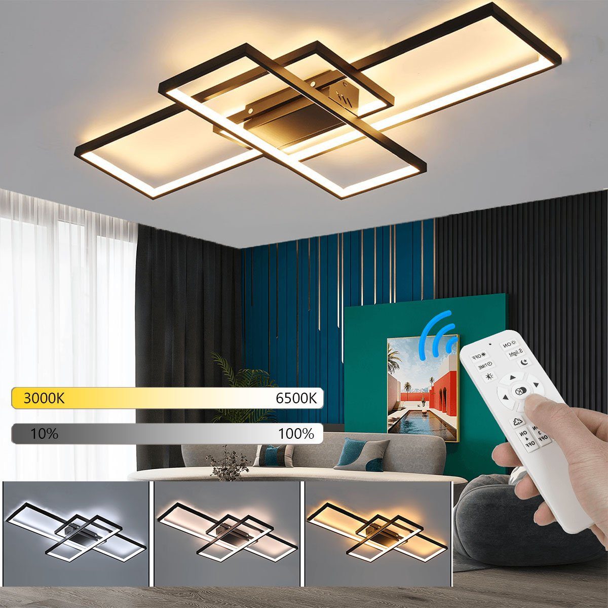 oyajia LED Deckenleuchte 60W LED Deckenlampe Modern Aluminium Geometrisch Deckenleuchte 90x50cm, LED fest integriert, Kaltweiß/Naturweiß/Warmweiß, Dimmbar mit Fernbedienung, für Schlafzimmer Wohnzimmer Flur Büro