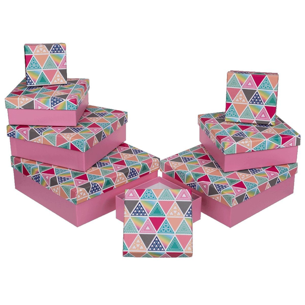 Out of the Blue Stapelbox Geschenkkarton in verschiedenen Größen rosa mit Dreiecken, mit abnehmbaren Deckel