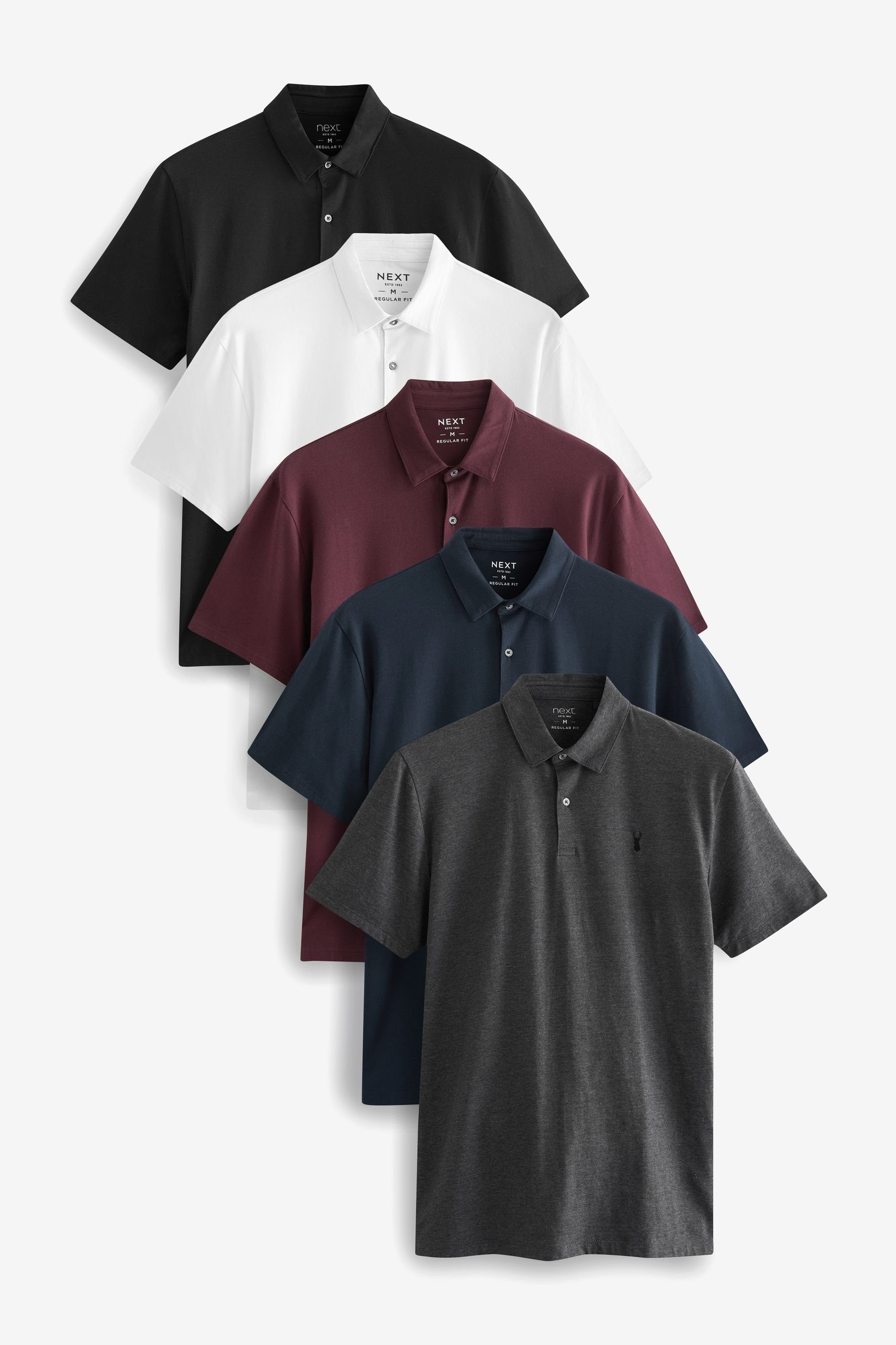 Next Poloshirt Poloshirts aus Jersey im 5er-Pack (5-tlg) Navy/White/Burgundy/Black/Grey