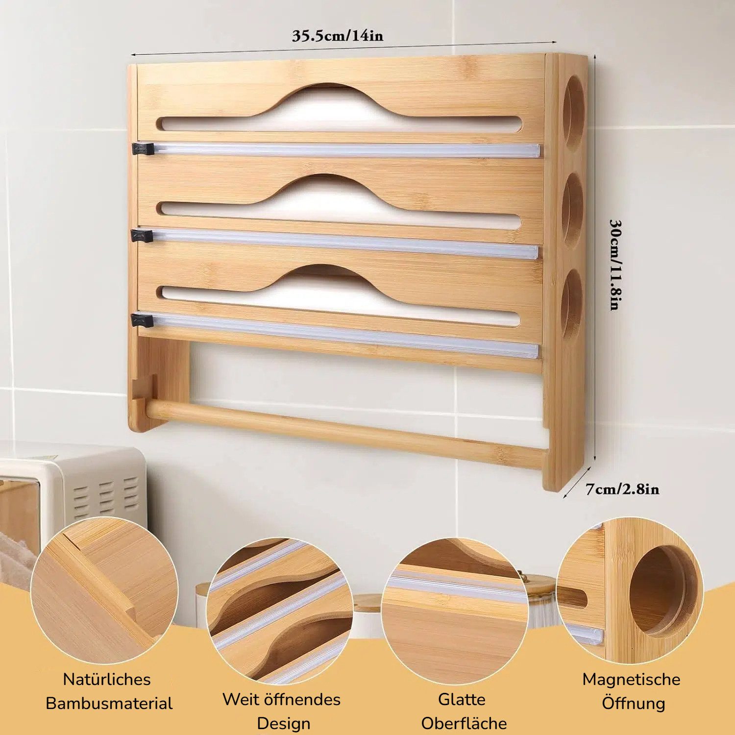 BlingBin Folienspender Frischhaltefolienspender mit Küchenrollenhalte, Wandrollenhalter, (1er Set, 1-St., Größe: 35.5*7*30cm), Wandmontierter Organizer für Aluminiumfolie Plastikfolie & Wachspapier