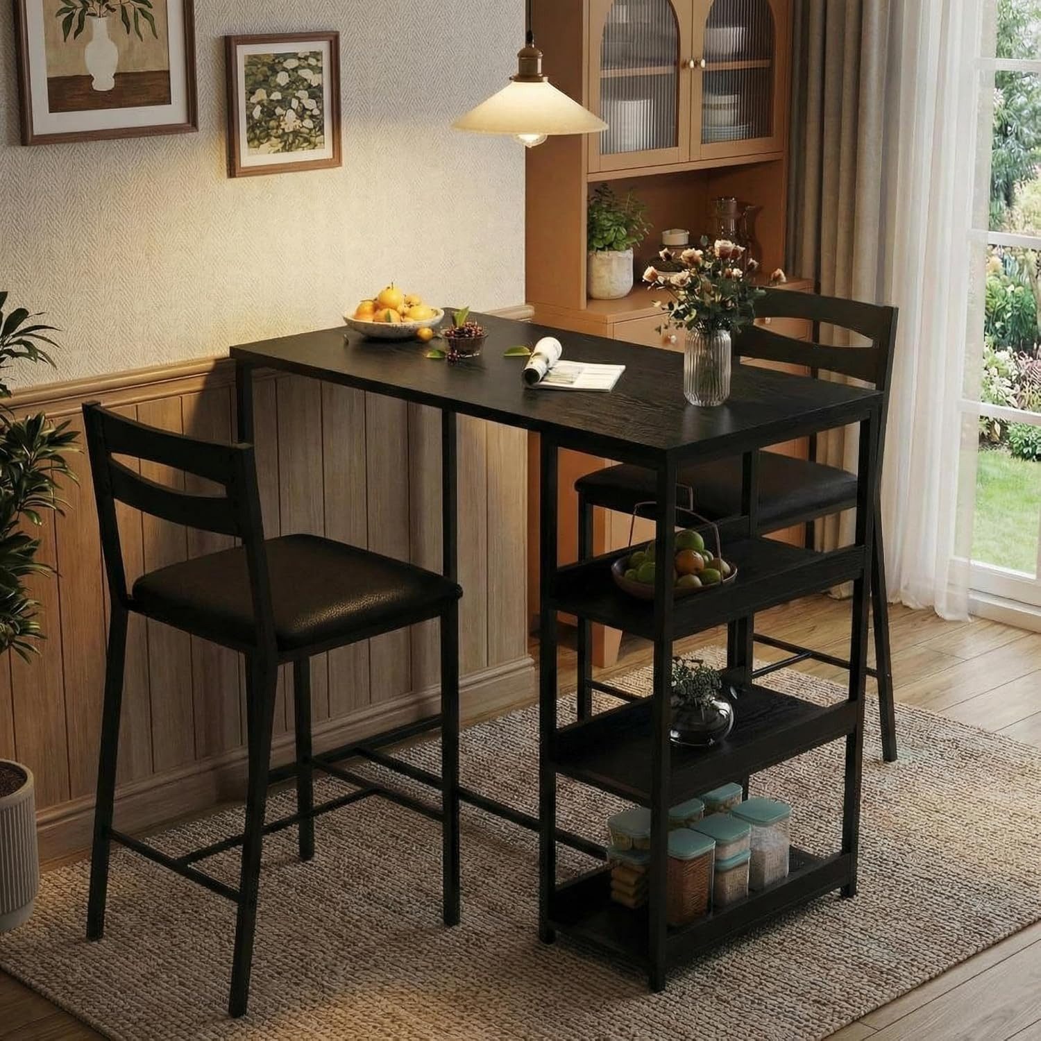 GarveeMore Bartisch Küchentisch & Stühle Für 2 Polsterstühle & Dicke Holzplatte, 3-Teiliger Esstisch Set Mit 3 Aufbewahrungsregalen Für Kleinen Raum, Bartheke, Tresentisch