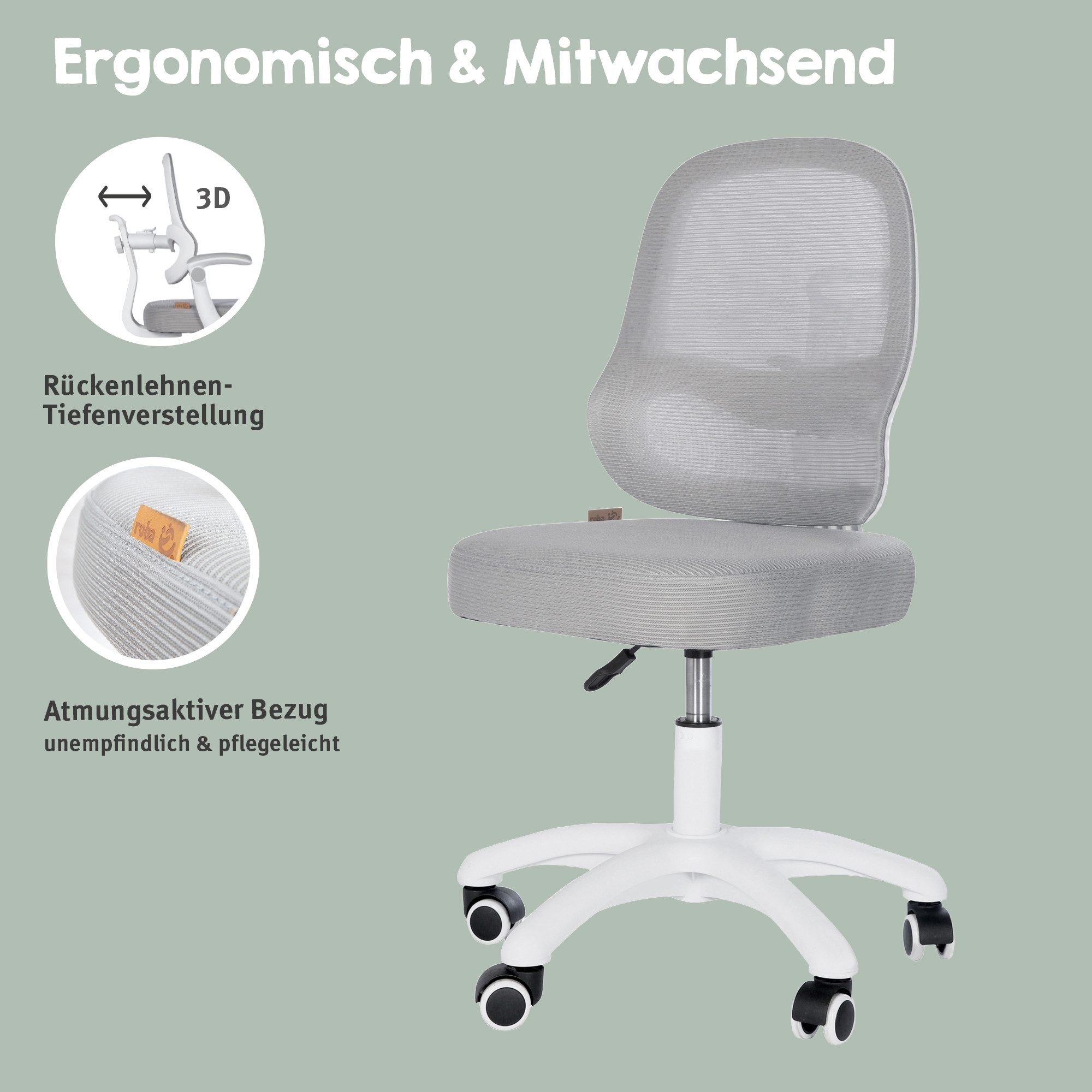 roba® Schreibtischstuhl Smart Grow 3D - Bürostuhl Kinder - Ergonomischer Drehstuhl (stufenlos höhenverstellbar), stabiles Gestell aus Metall - ab 3 Jahren - ideal für Schulkinder