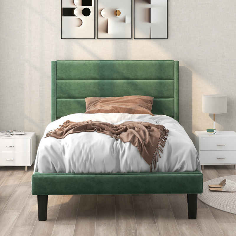 IDEASY Polsterbett Polsterbett, 140 * 200 cm / 90 * 200 cm, grüner Samt / (Lieferung ohne Dekoration), graue Baumwolle und Leinen, zentrale Stütze, Stauraum unter dem Bett