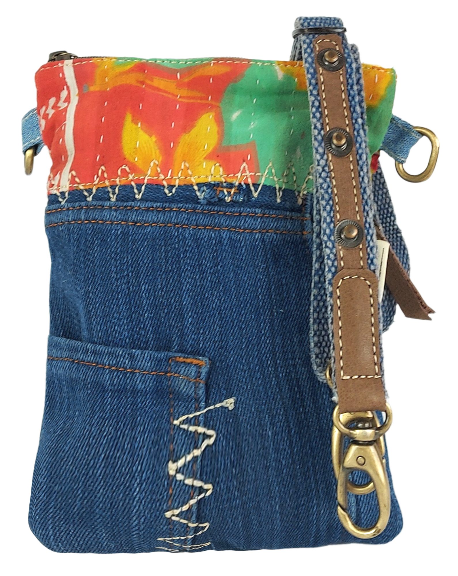 Sunsa Umhängetasche Damen kleine Schultertasche Tasche aus Recycling Jeans & used Sari, Aus recycelten Materialien