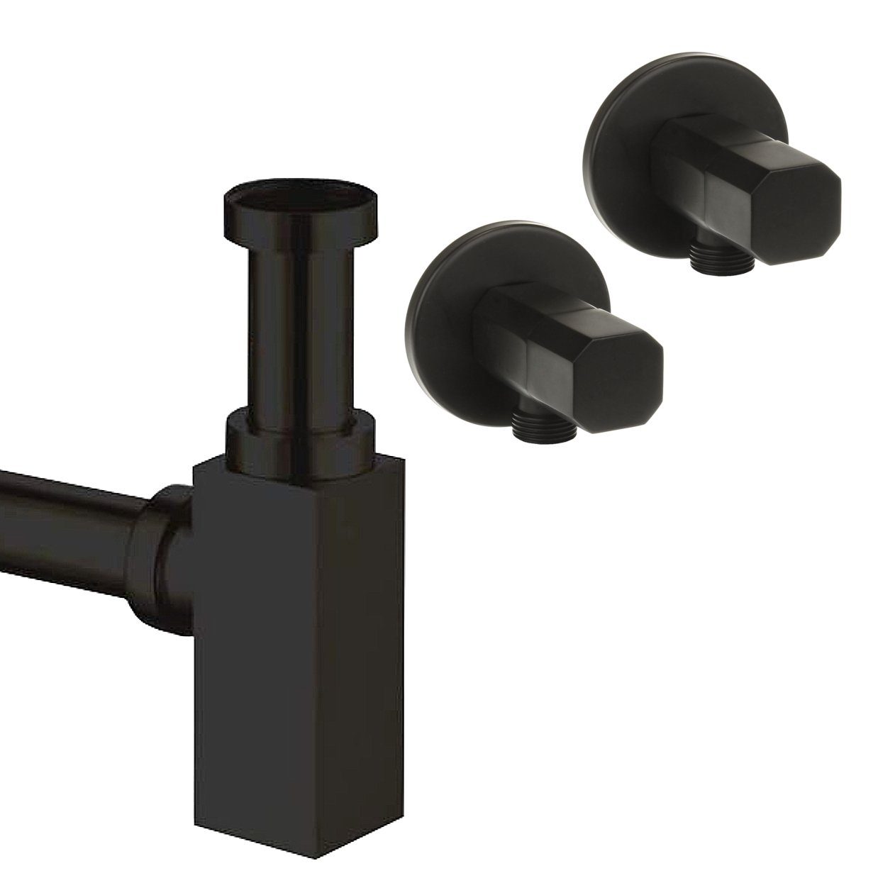 Sanixa Siphon Ablauf für Waschbecken Abfluss Ablaufset Sifon Röhren-syphon, Design Siphon Set eckig schwarz matt mit Eck-Ventilen