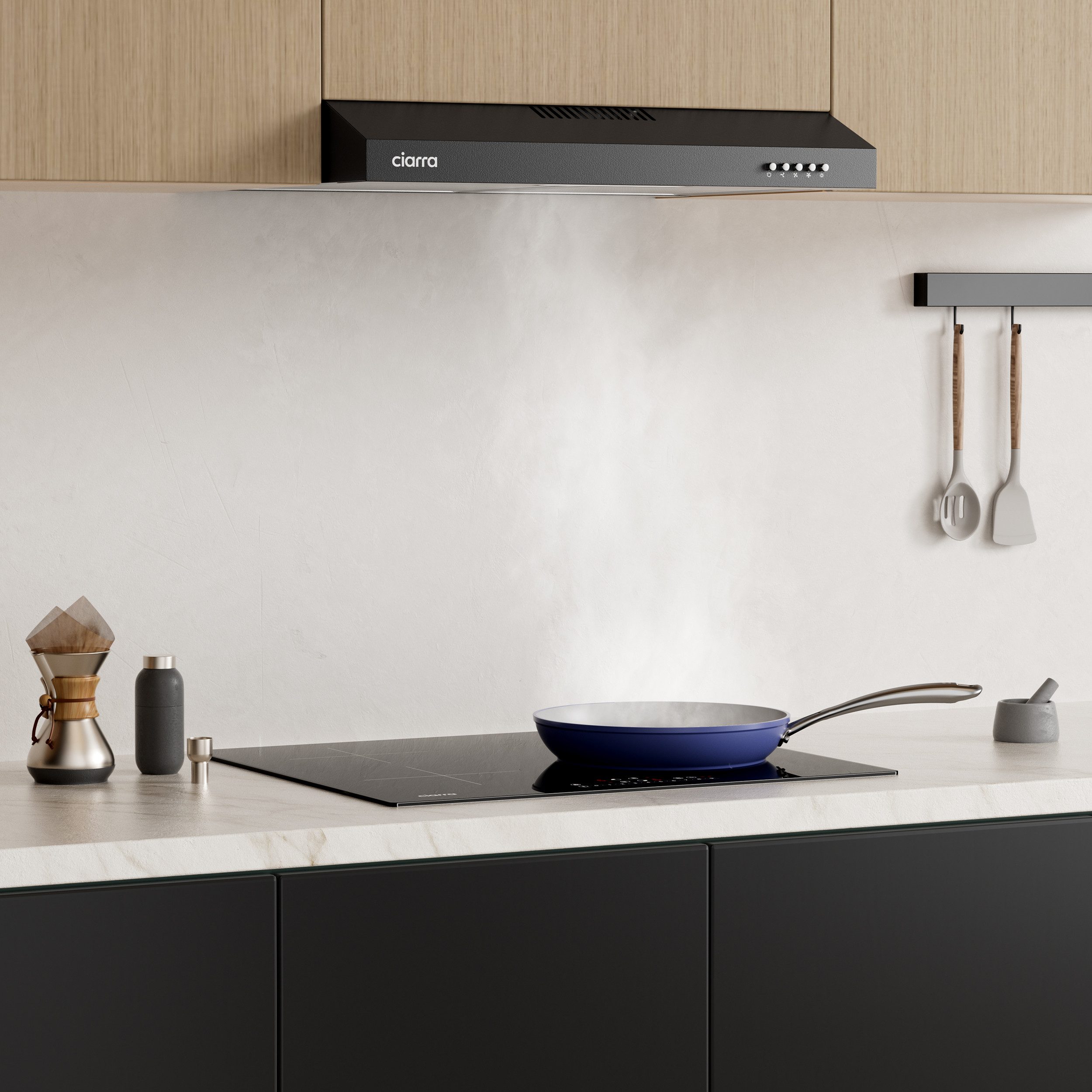 CIARRA Unterbauhaube 60 cm Dunstabzugshaube A+ Abluft & Umluft 3 Stufen VM6903DB für kleine Küchen, Aktivkohlefilter & 2 Aluminiumfilter LED Schwarz