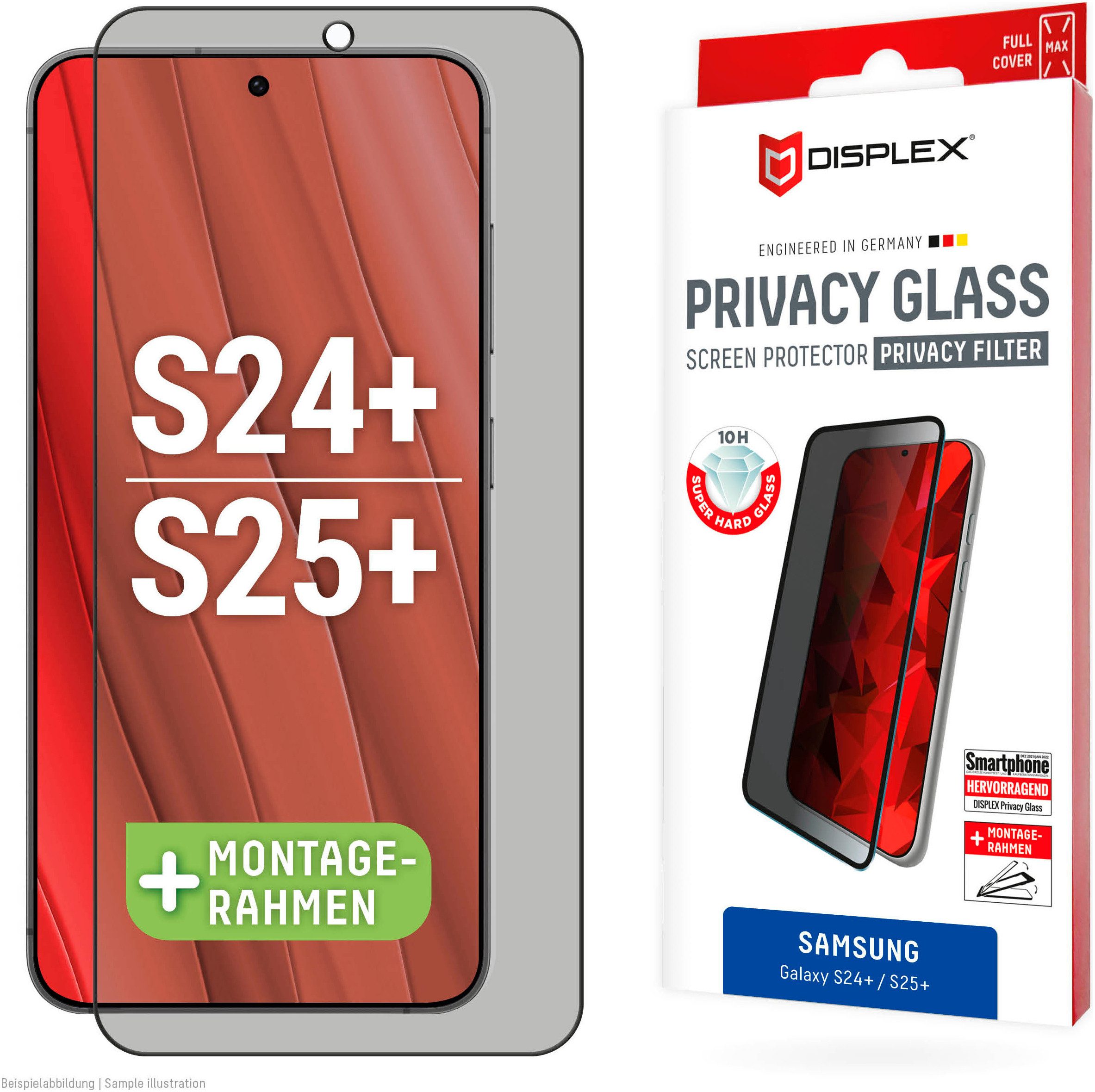 Displex Displayschutzglas Privacy Glass für Samsung Galaxy S24+, Samsung Galaxy S25+, Blickschutz Displayschutzfolie Displayschutz kratzer-resistent 10H