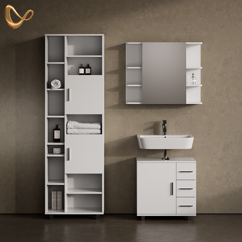 Livinity® Badmöbel-Set Eisak, Weiß, 3 Teile, mit Hochschrank, (3-St)