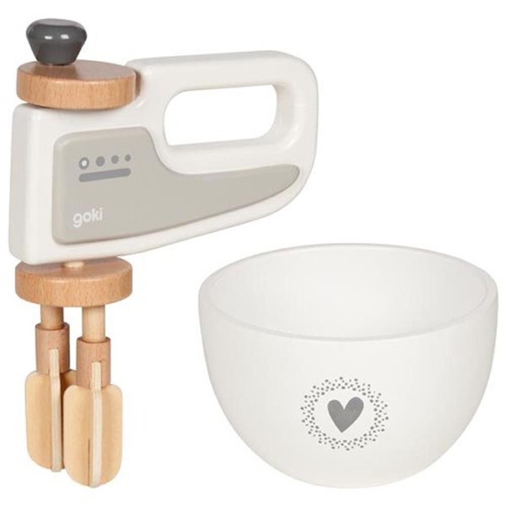 goki Kinder-Handmixer Handmixer 51502 mit Rührschüssel aus Holz, 2-teilig, (Kinderküchen-Set, Handmixer aus Holz mit Kurbel und passender Rührschüssel), Kurbelantrieb, Rührschüssel, Holzspielzeug, 2-teilig