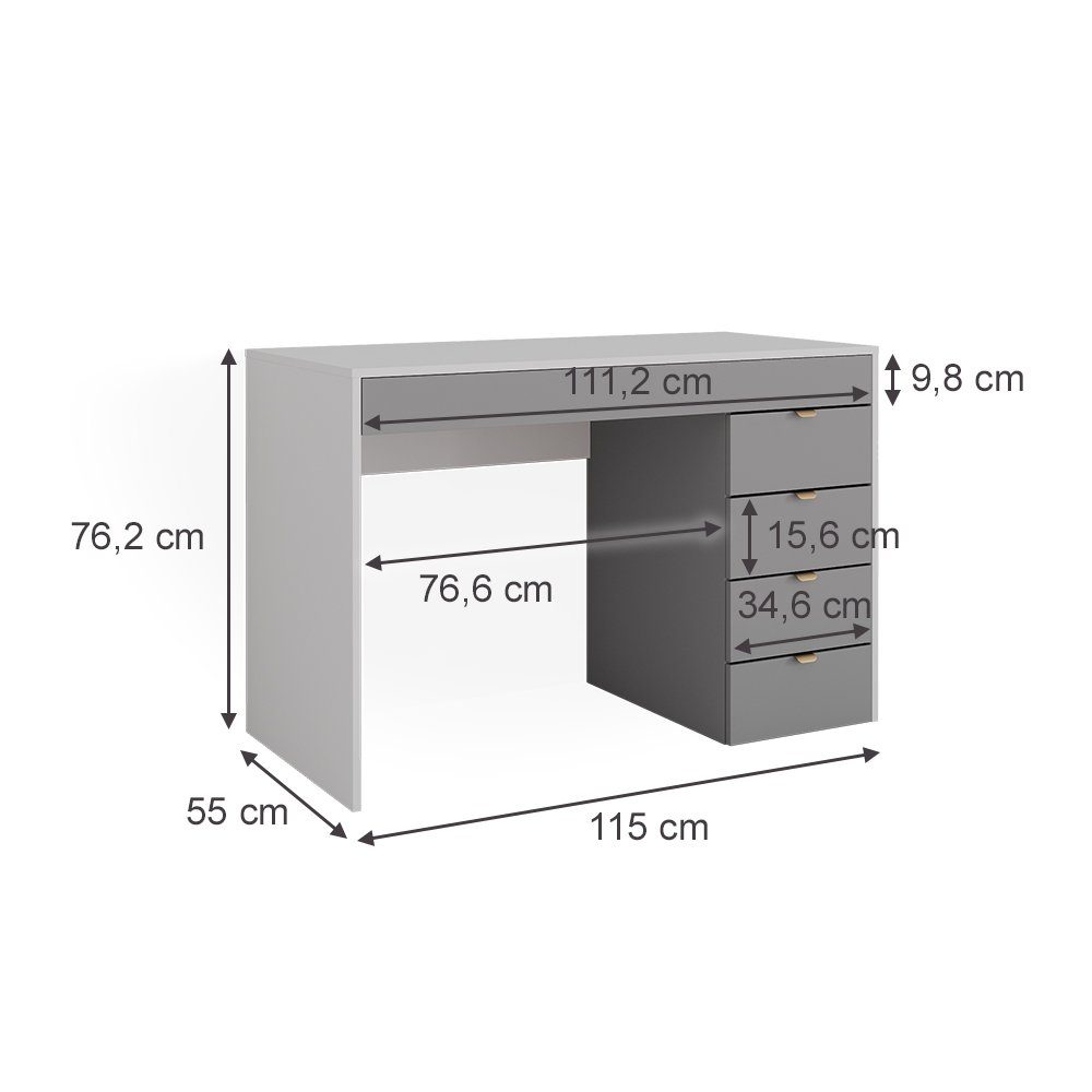 Vicco Schminktisch Elise, Weiß/Grau, 115 cm mit 5 Schubladen (1-St)
