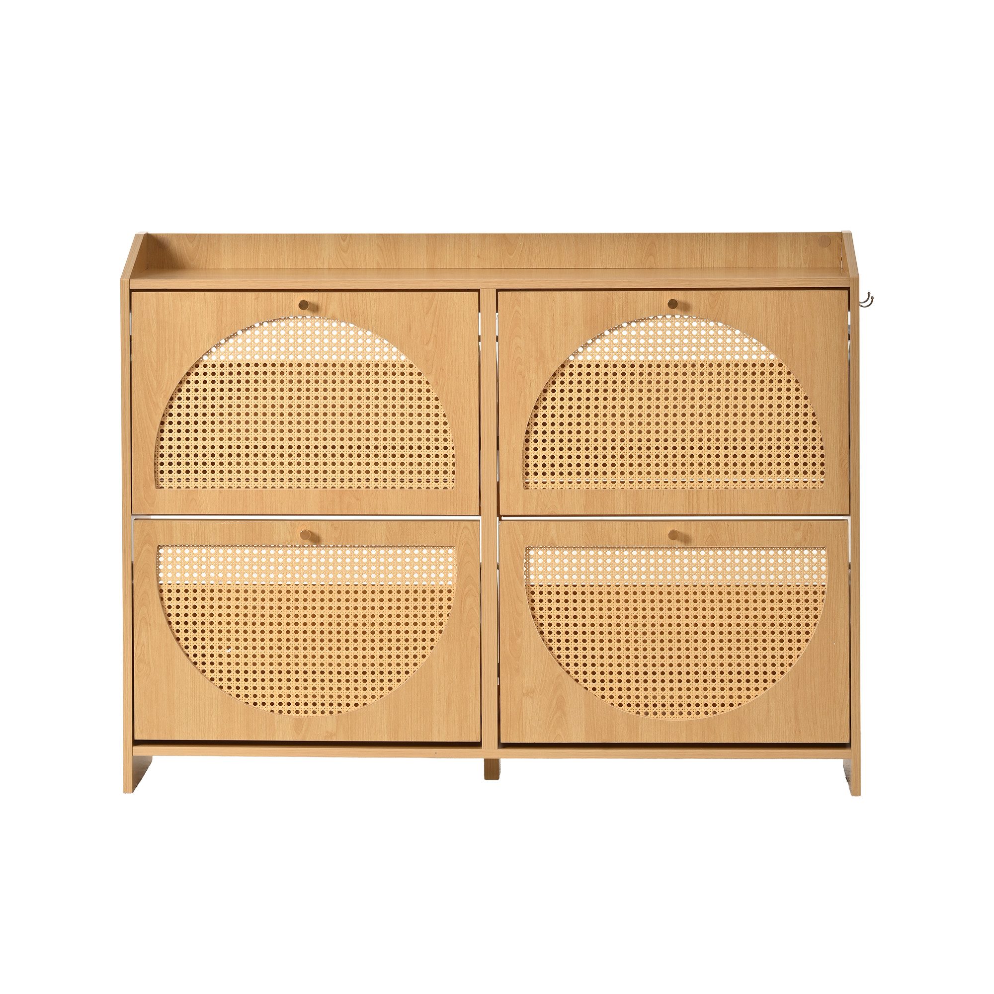 Merax Schuhschrank mit Rattan-Türen, Schuhkommode in Natur (1-St., Flur- und Eingangsbereich) Schuhregal mit 4 Klapptüren, 8 Fächern, 2 Haken & Stauraum,120x24x90cm