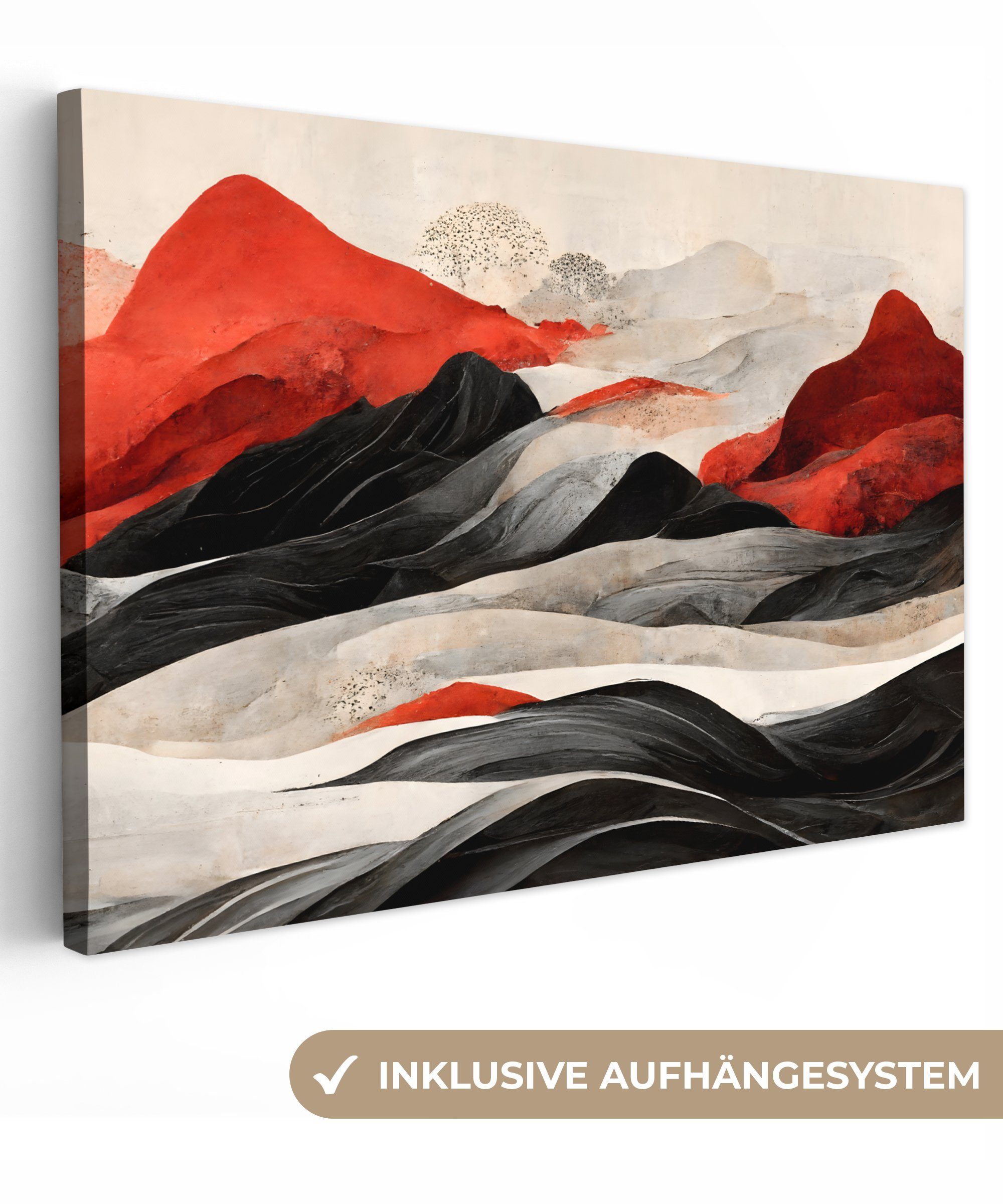 OneMillionCanvasses® Leinwandbild Kunst - Berge - Rot - Weiß - Schwarz, Fotodruck (1 St), Wandbild XXL für Wohnzimmer Küche 120x80 cm