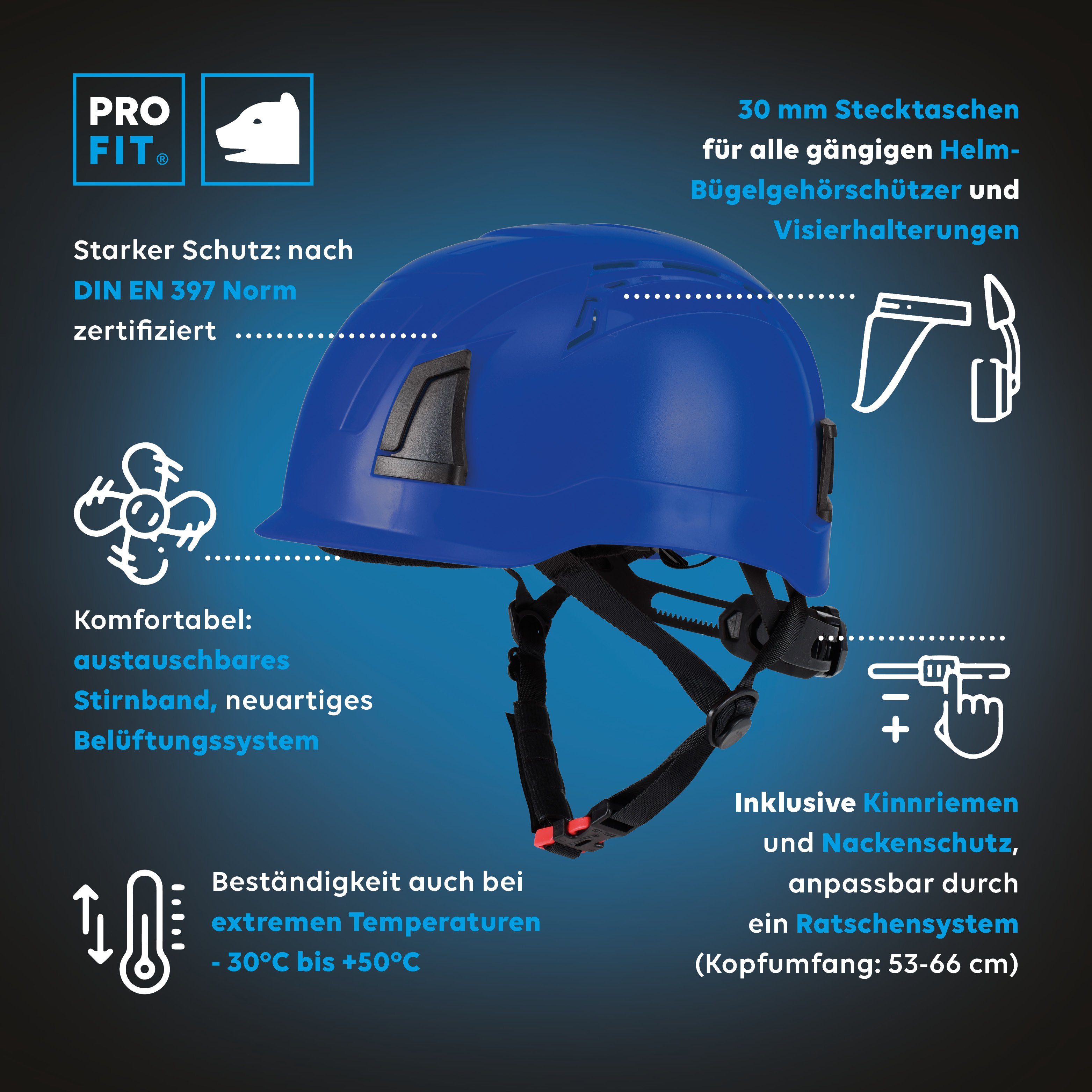 PRO FIT by Fitzner Sicherheitshelm Pro (1, Blau Kinnriemen, moderner D!-Rock Ratschensystem modernes Arbeitsschutzhelm Stück), leichter Tragekomfort, hoher leicht, Cap