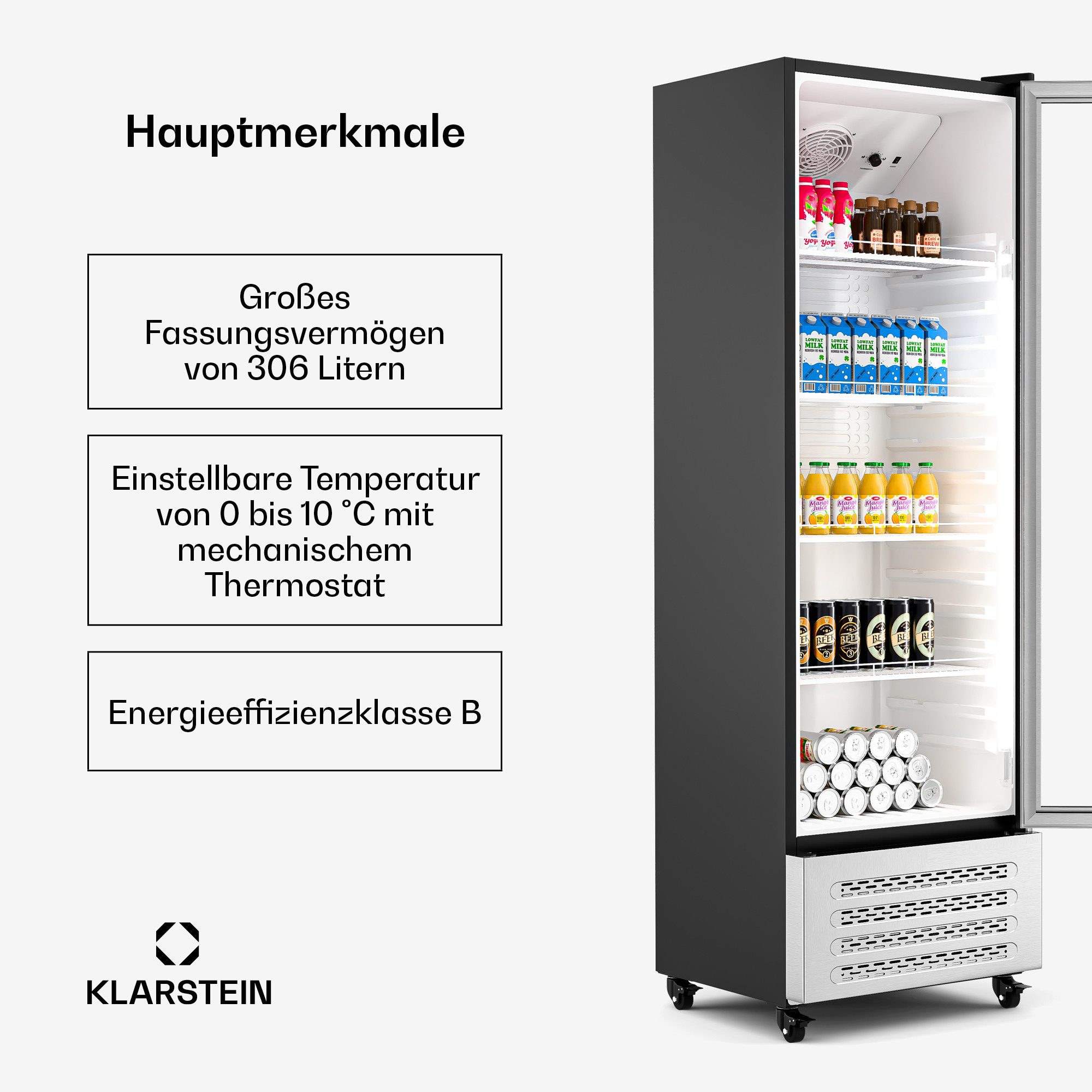 Klarstein Getränkekühlschrank GrandCooler 306 Getränkekühl 306L 0-10°C 4 Regale LED B R600A doppelt 10046644, 192 cm hoch, 59.5 cm breit, Bier Hausbar Hotel Fridge mit Glastür & Rollen für 306 Liter