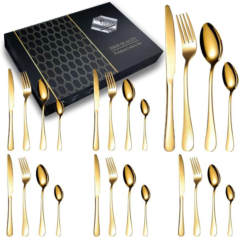 Tafelbesteck Messer Gabel Besteck-Set mit Besteckset Löffel 24teiliges Set KEENZO Gold