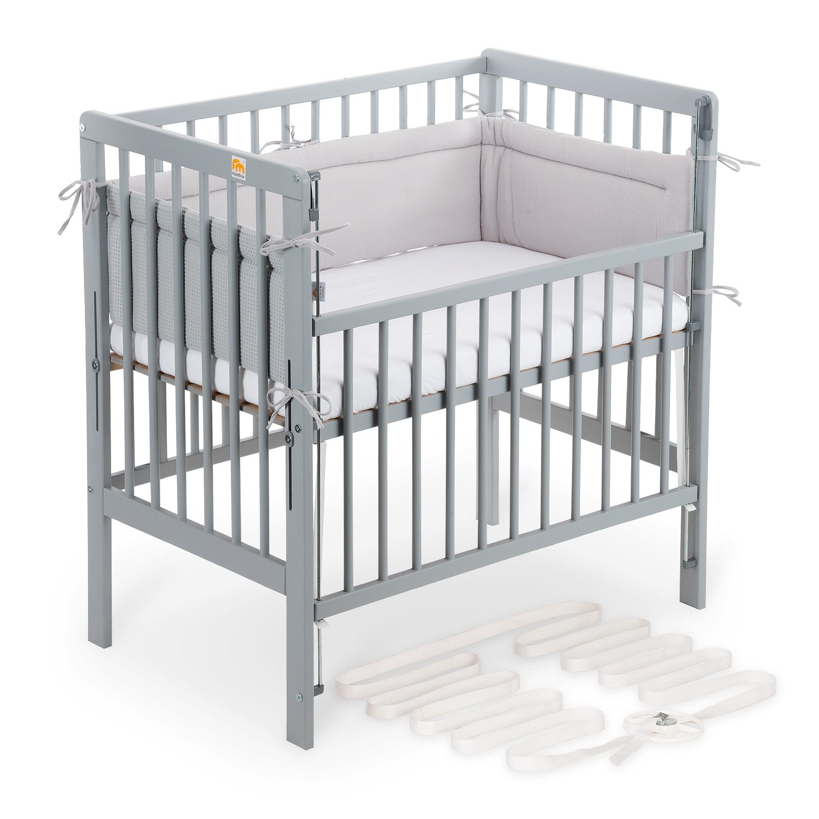 FabiMax Beistellbett Beistellbett Flex 90x55, TÜV geprüft, aus Buchenholz grau lackiert, stufenlos höhenverstellbar, passend für Boxspringbetten, 2 in 1
