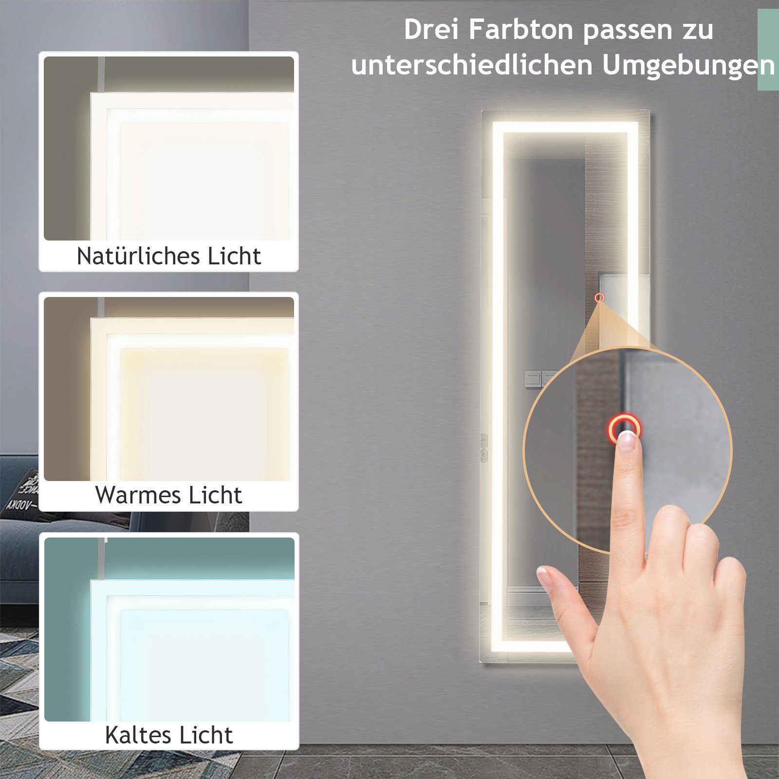 COSTWAY Wandspiegel, Beleuchtung Ganzkörper Farben&Touchscreen, mit in 3