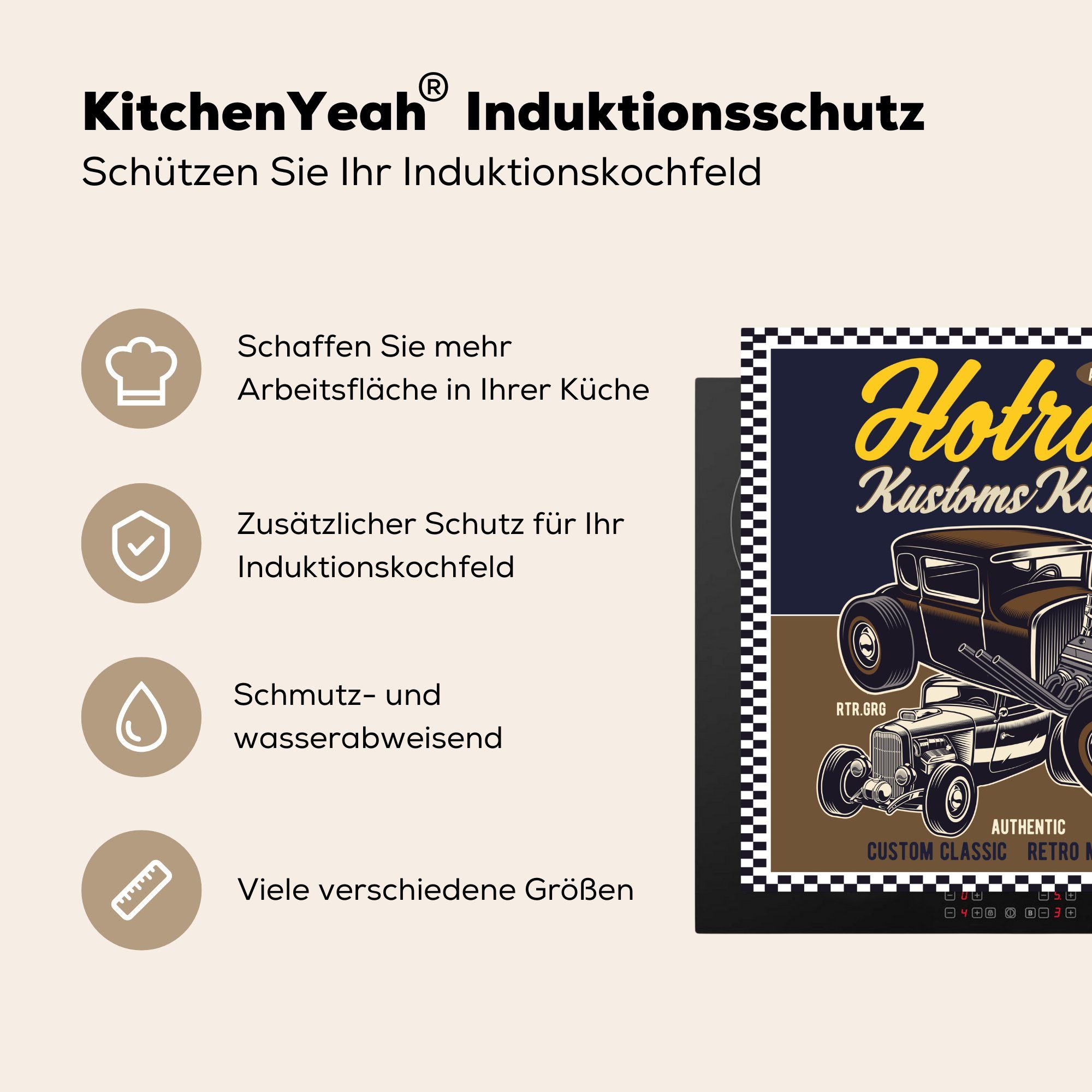 MuchoWow Herdblende-/Abdeckplatte Mancave - Auto - für Vintage Arbeitsplatte 78x78 Blau, - tlg), Vinyl, - küche cm, Braun Ceranfeldabdeckung, (1