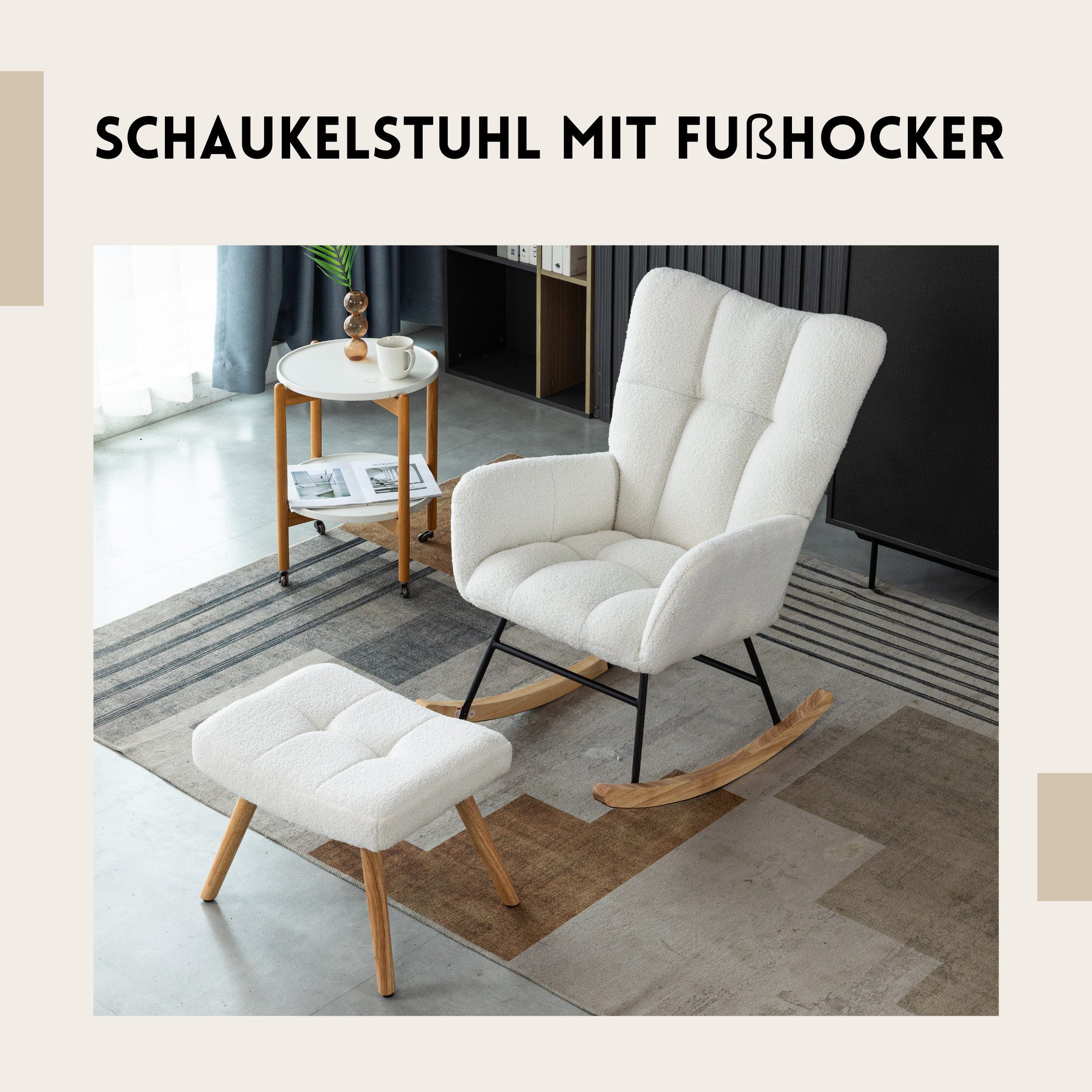 SeedWave Schaukelstuhl Schaukelstuhl Teddy mit Fußhocker und Seitentasche, Weiß, Ergonomischer Stillstuhl, Schaukelsessel für Entspannen, Bis 120kg