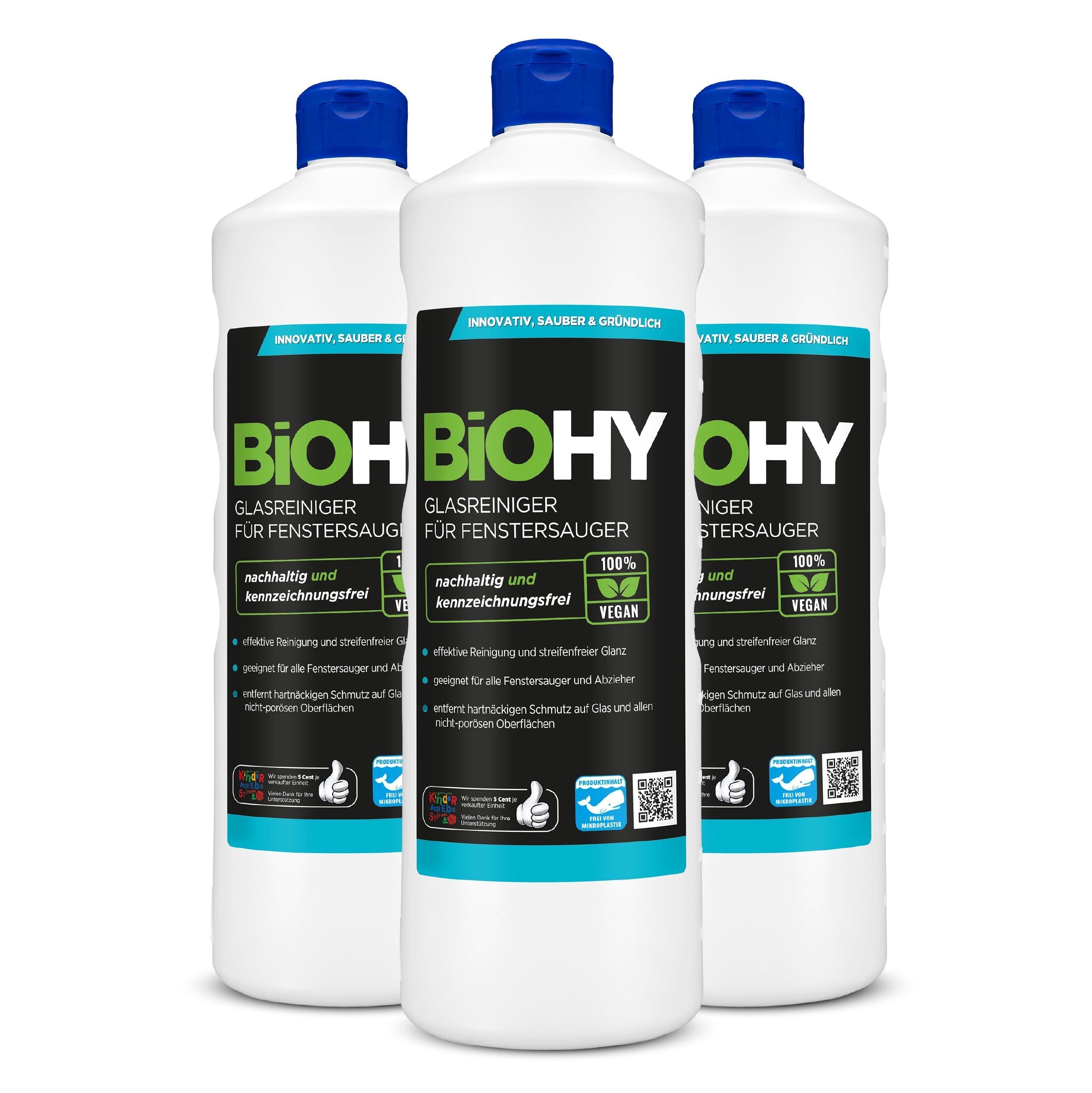 BiOHY Glasreiniger für Fenstersauger 3er Pack (3 x 1 Liter Flasche) Glasreiniger (Packung, [3-St)