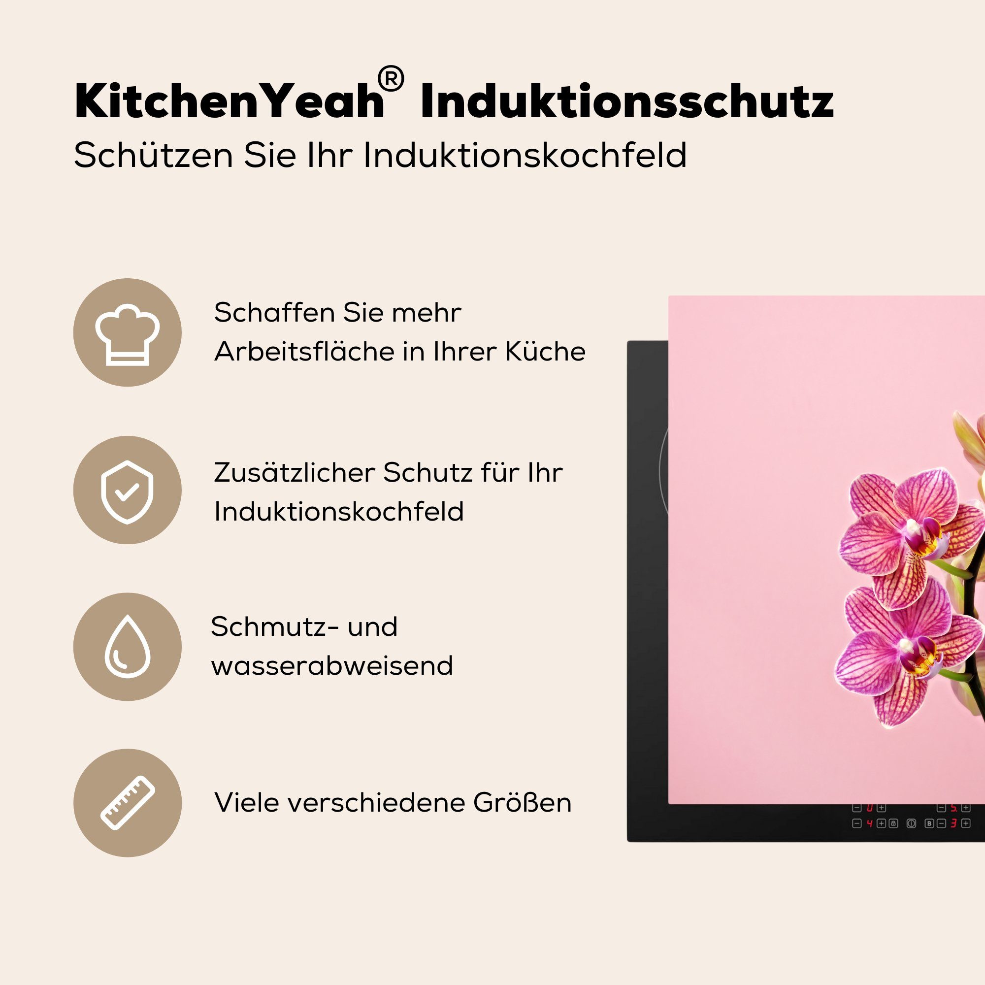 78x78 Hintergrund, (1 Rosa MuchoWow für rosa Arbeitsplatte einem Ceranfeldabdeckung, Vinyl, Herdblende-/Abdeckplatte Orchideen cm, tlg), vor küche