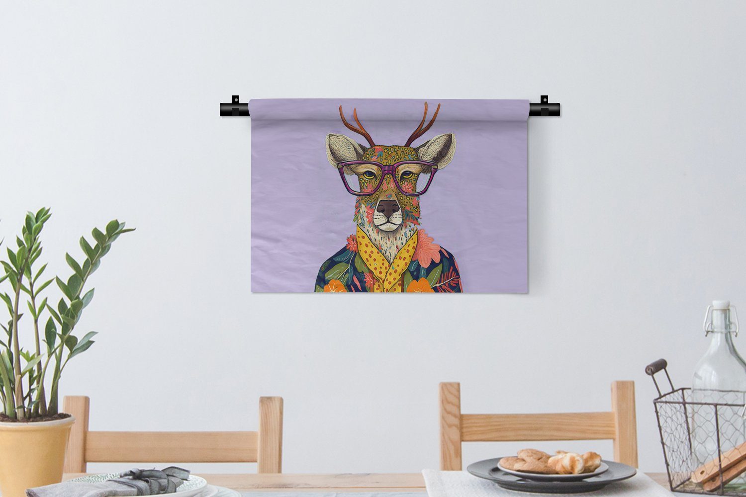 Tiere Schlafzimmer, Wandbehang, Blumen Hippie, - Wohnzimmer, - MuchoWow Kinderzimmer Hirsche Wanddeko Wanddekoobjekt Kleid, für -