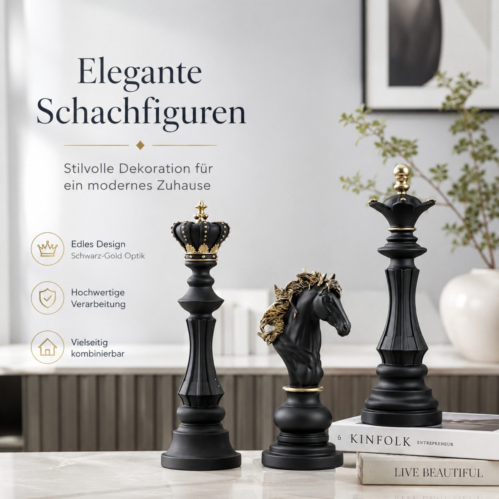 Jumpeak Skulptur skulptur deko,Skulpturen,Schachfiguren,Dreiteiliges Schachset (König, Königin und Springer Schachspiel (3-teilig), Harzdekoration,dekoration wohnzimmer,dekoration schlafzimmer,2 Farben