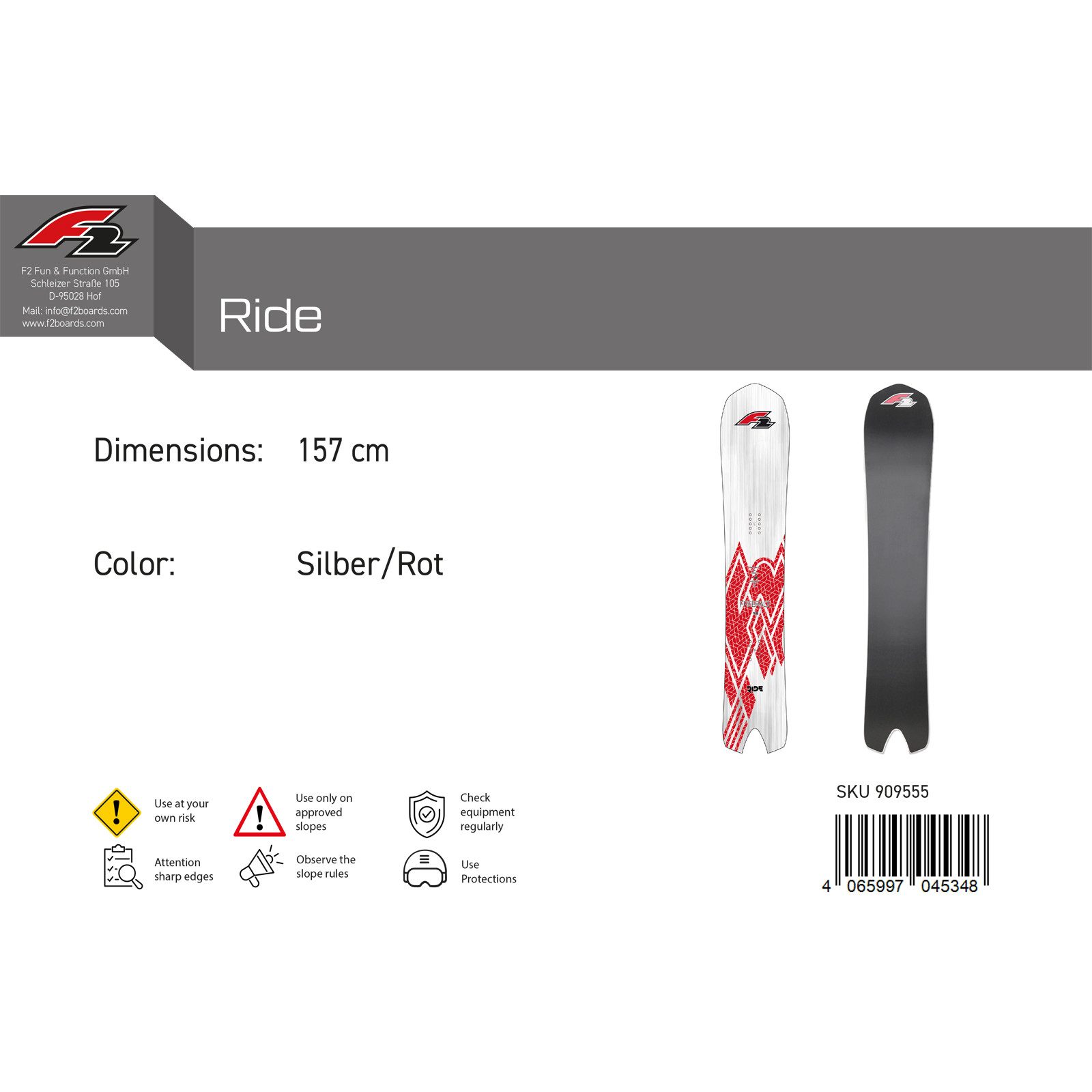 F2 Snowboard F2 Snowboard Ride Race 157 cm Silber/Rot 2024/25