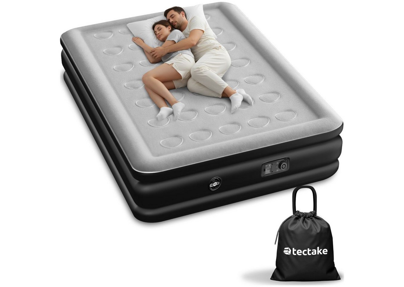 tectake Luftbett Aufblasbare Matratze für 1–2 Personen, selbstaufblasend in 2 Minuten, (Gästeluftmatratze AirDreams, in schwarz/weiß), Elektrische Pumpe, manuelles Ventil, Tragebeutel, Luftsäulensystem
