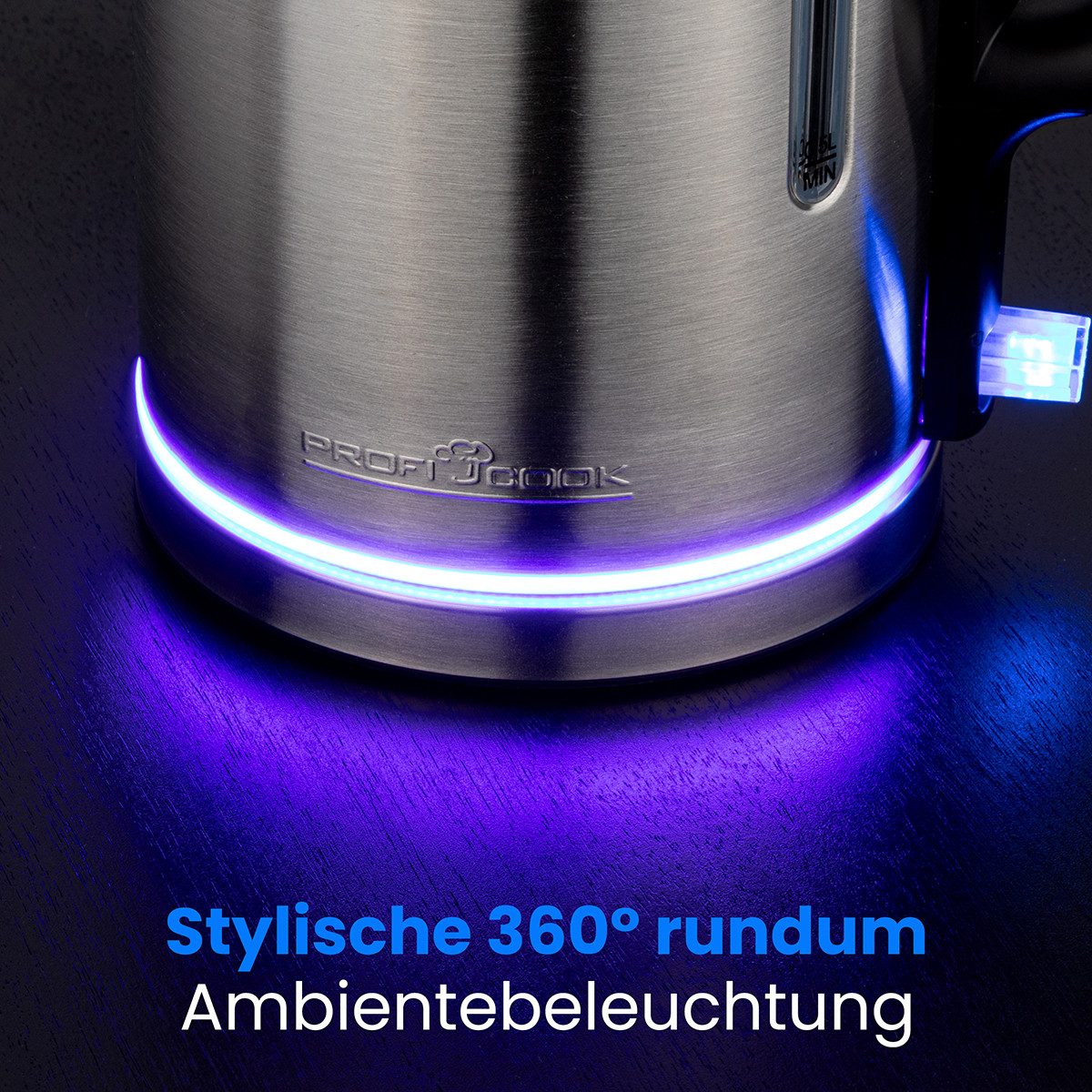 ProfiCook Wasserkocher PC-WKS 1321, 1,7L, blaue Beleuchtung, 2200W, Einhandbedienung