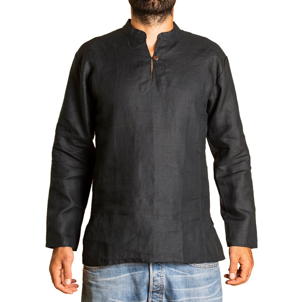 PANASIAM Langarmhemd Fischerhemd aus 100% Hanf mit Holzknopf für Herren leger geschnitten Bequemes Freizeithemd Fisherman Shirt auch als Kurzarmhemd