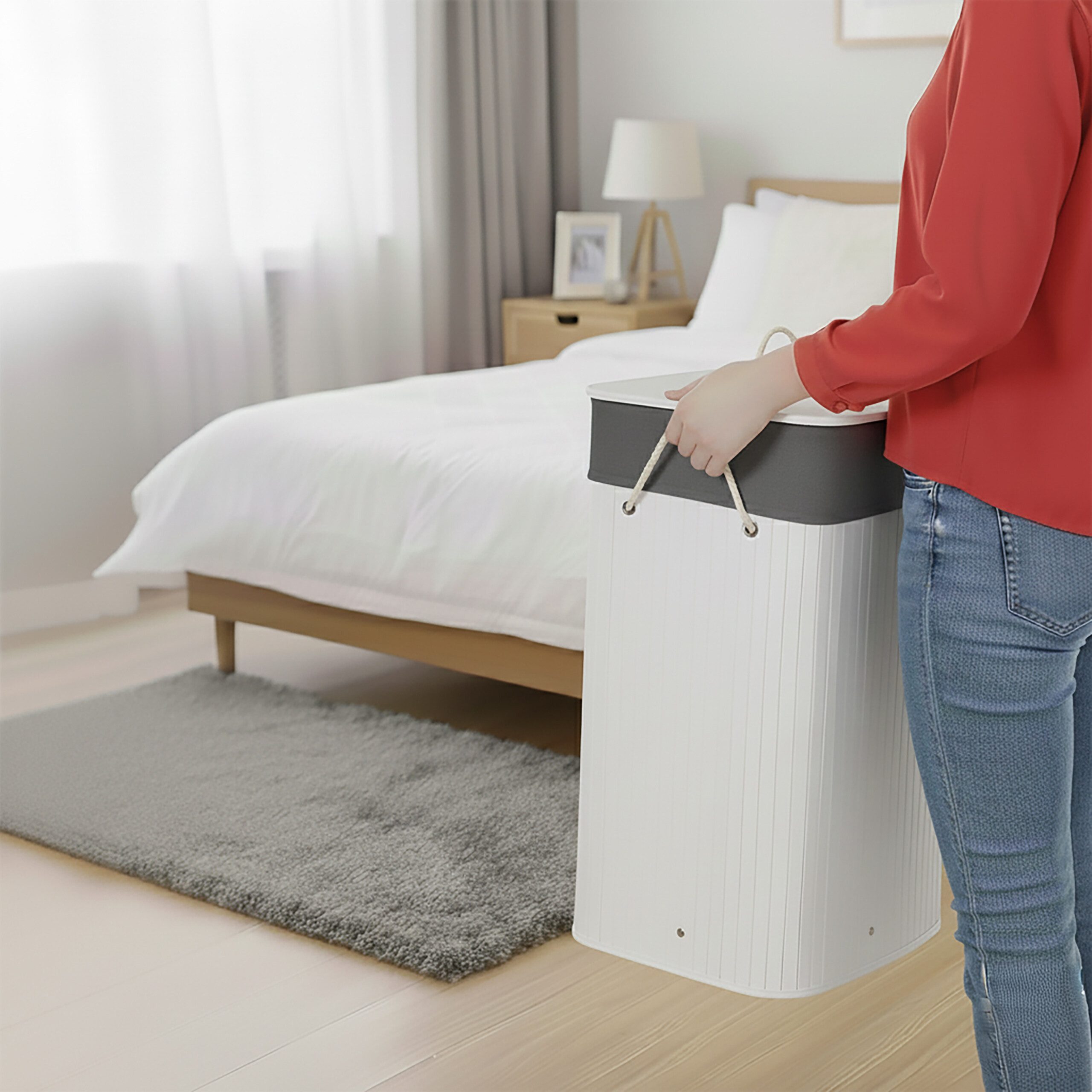 relaxdays Wäschekorb Bambus Wäschekorb mit 2 Fächern, weiß günstig online kaufen