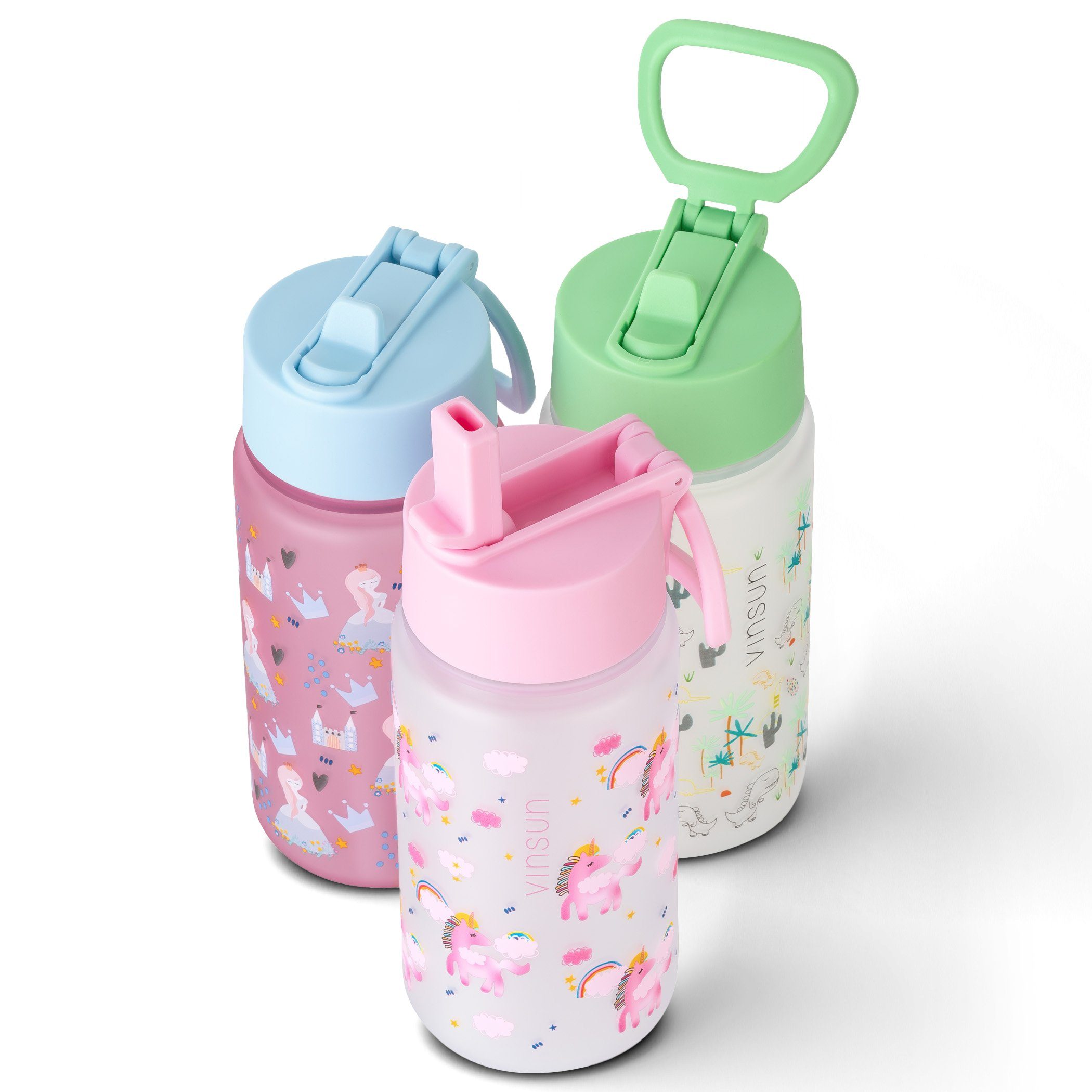 Kinder Vinsun - Geruchs- Trinkflasche frei, Prinzessin, und Pink BPA 500ml Strohhalm auslaufsicher, Geschmacksneutral mit Trinkflasche bruchsicher, Auslaufsicher -
